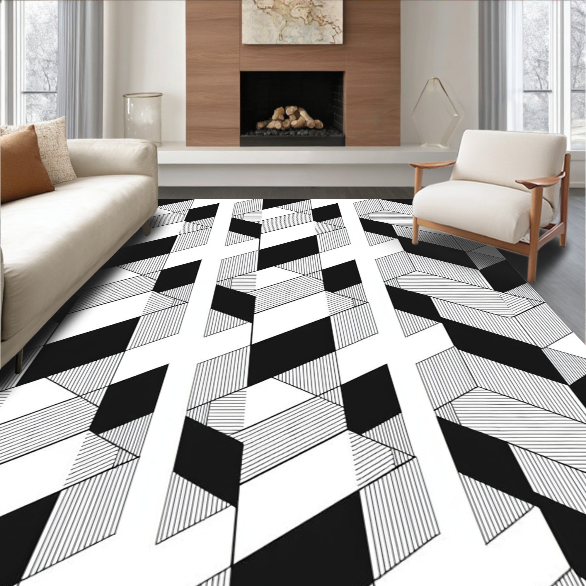 Geometric Black White Illusion Pattern Rug