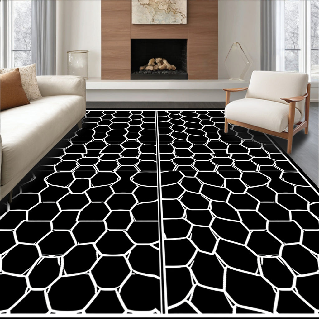 Black White Distorted Hexagon Pattern Rug