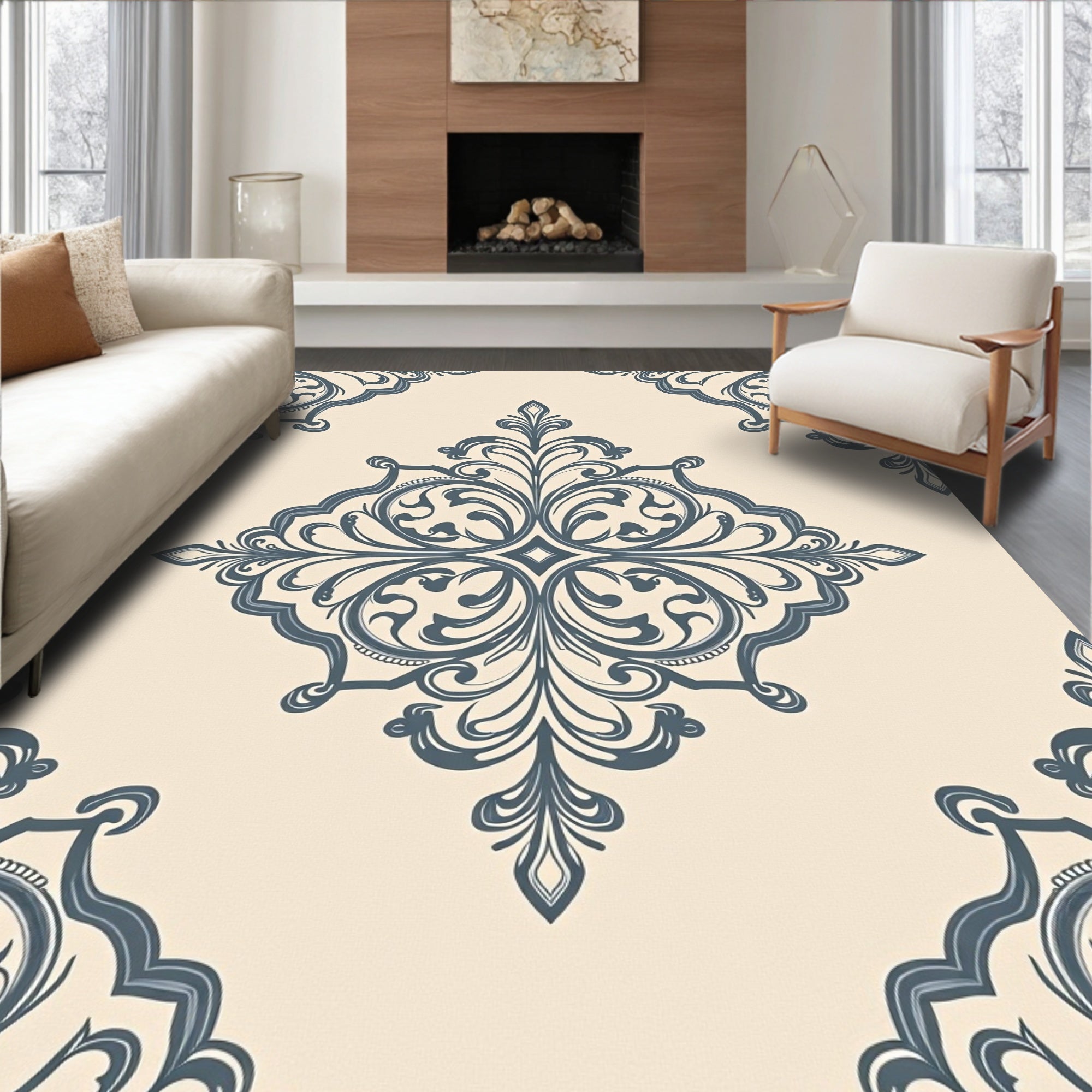 Elegant Gray Floral Damask Pattern Rug