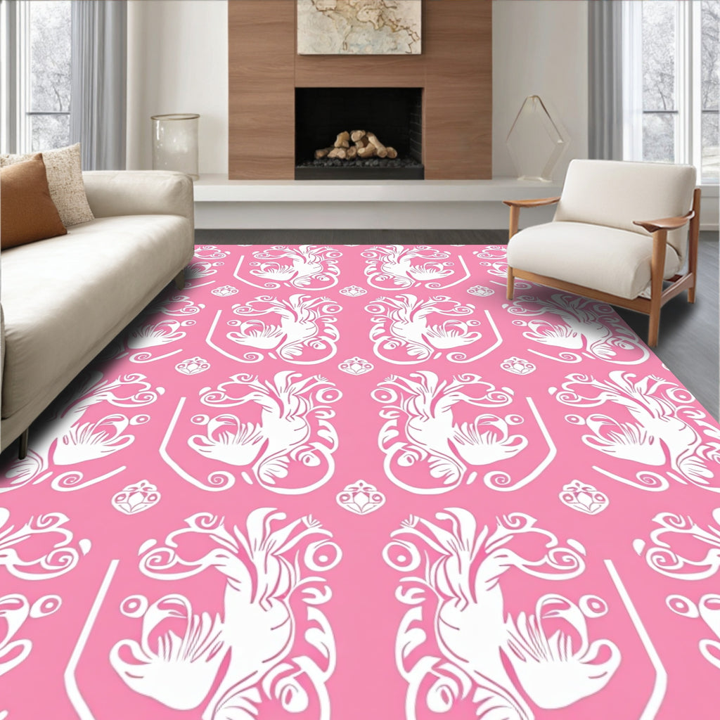 Ornate White Floral Pattern On Pink Rug