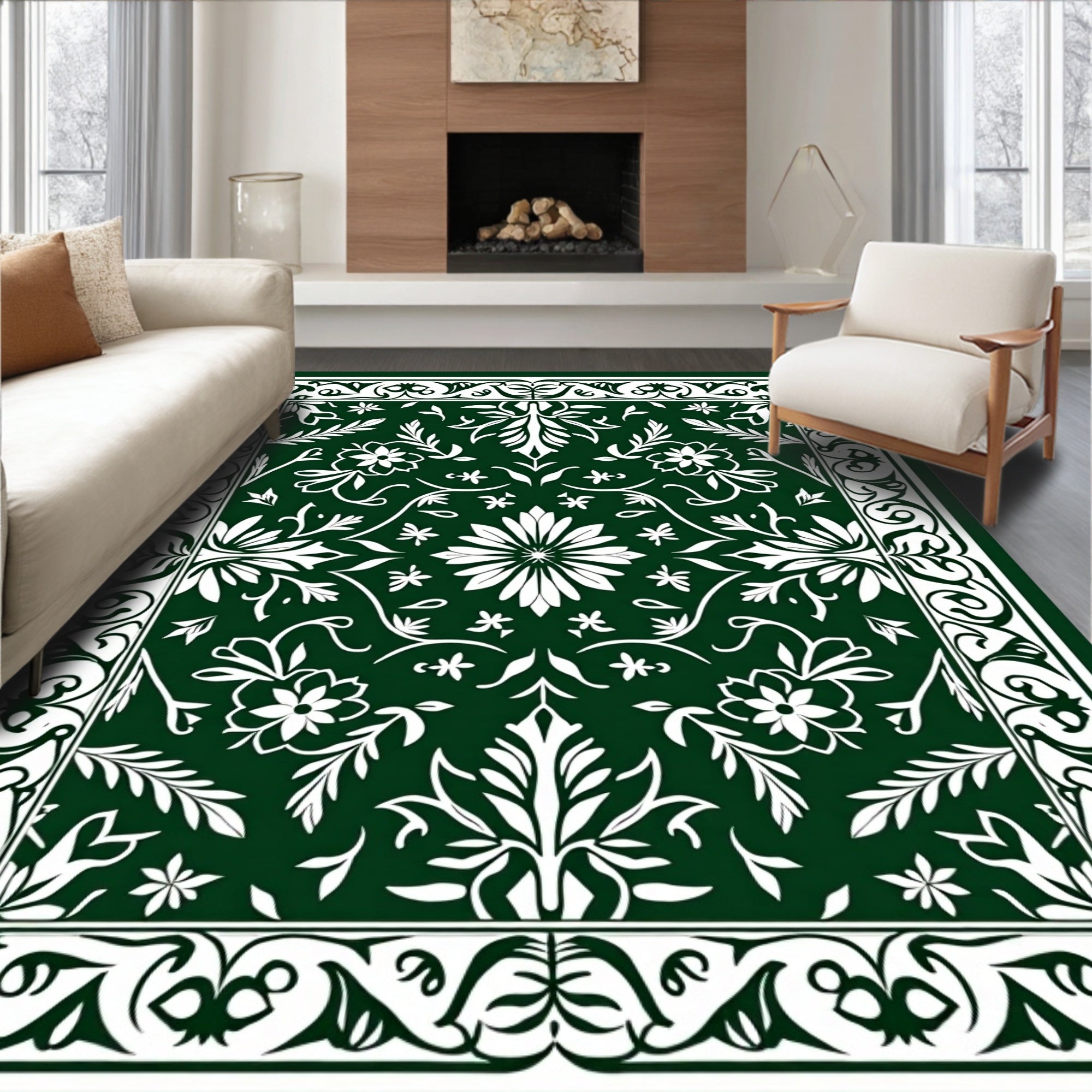 Ornate Floral Patterned Green Rug