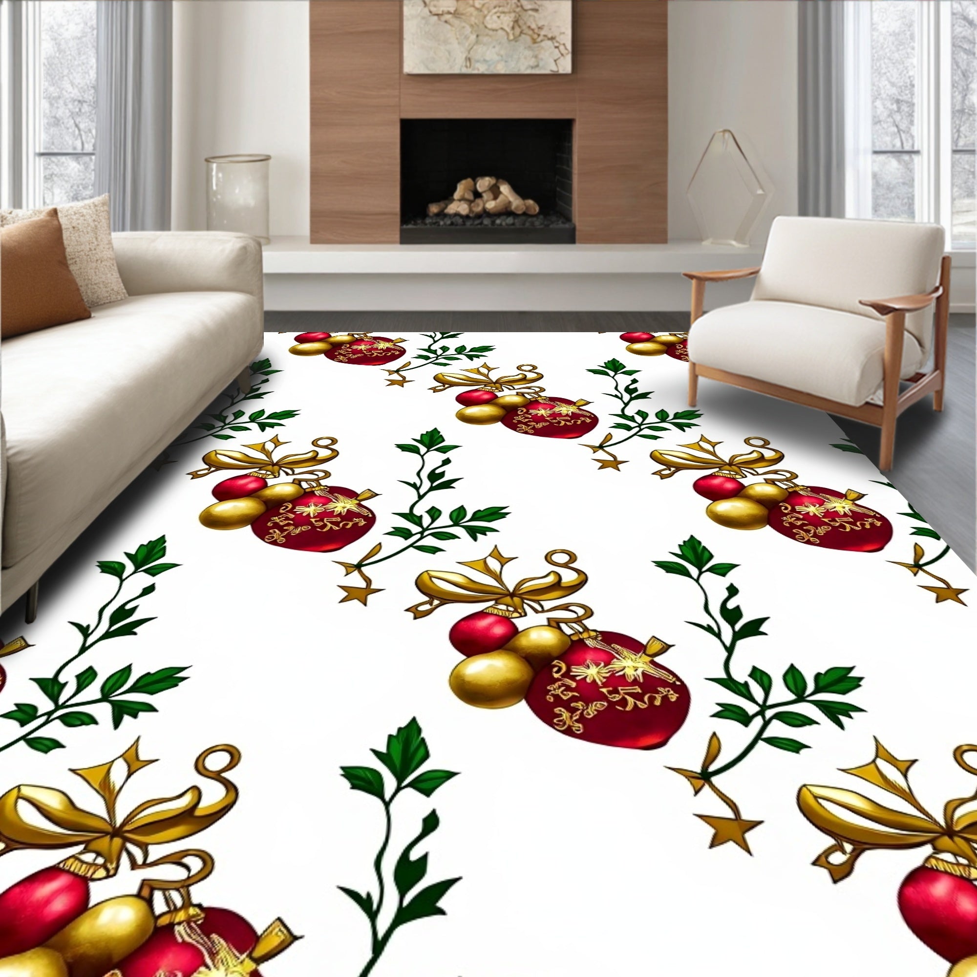 Red Gold Bauble Vine Ornament Rug