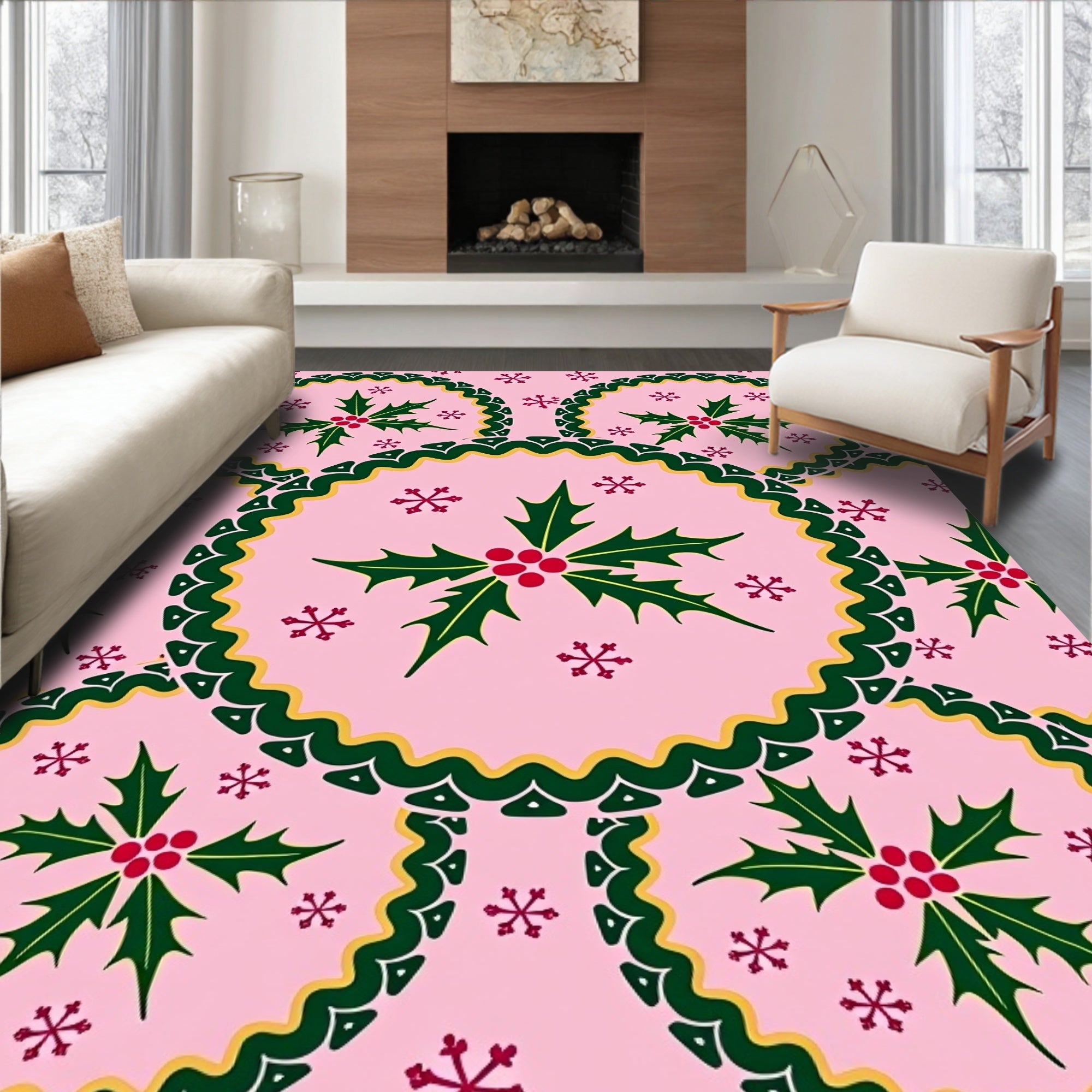 Pink Christmas Holly Snowflake Medallions Rug