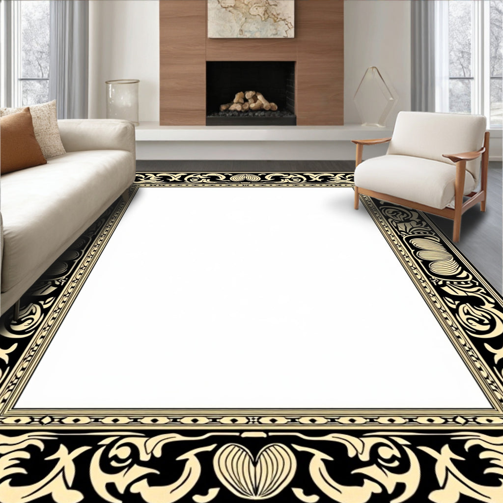 Ornate Black Gold Floral Border Rug