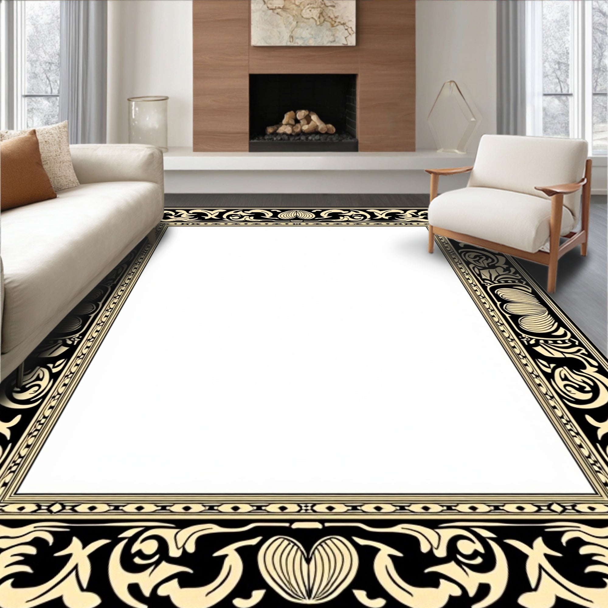 Ornate Black Gold Floral Border Rug