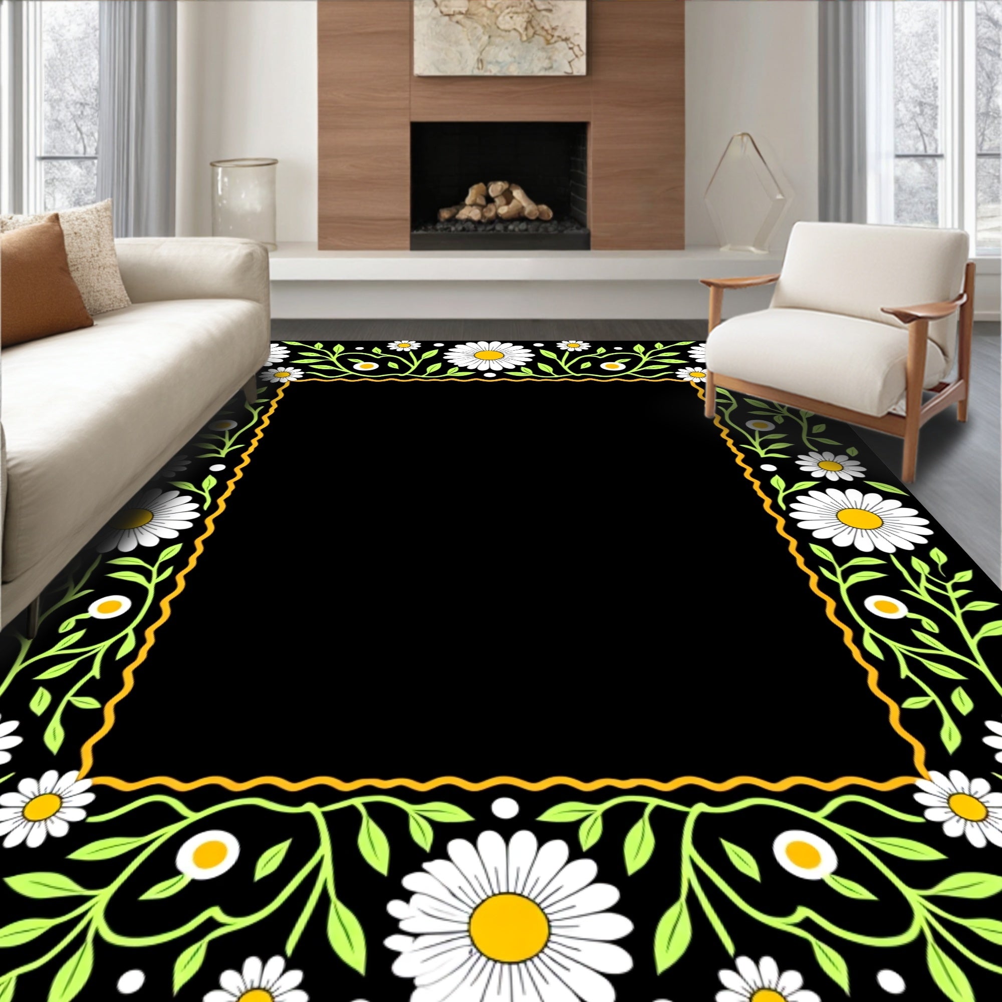 Daisy Floral Border Pattern Rug