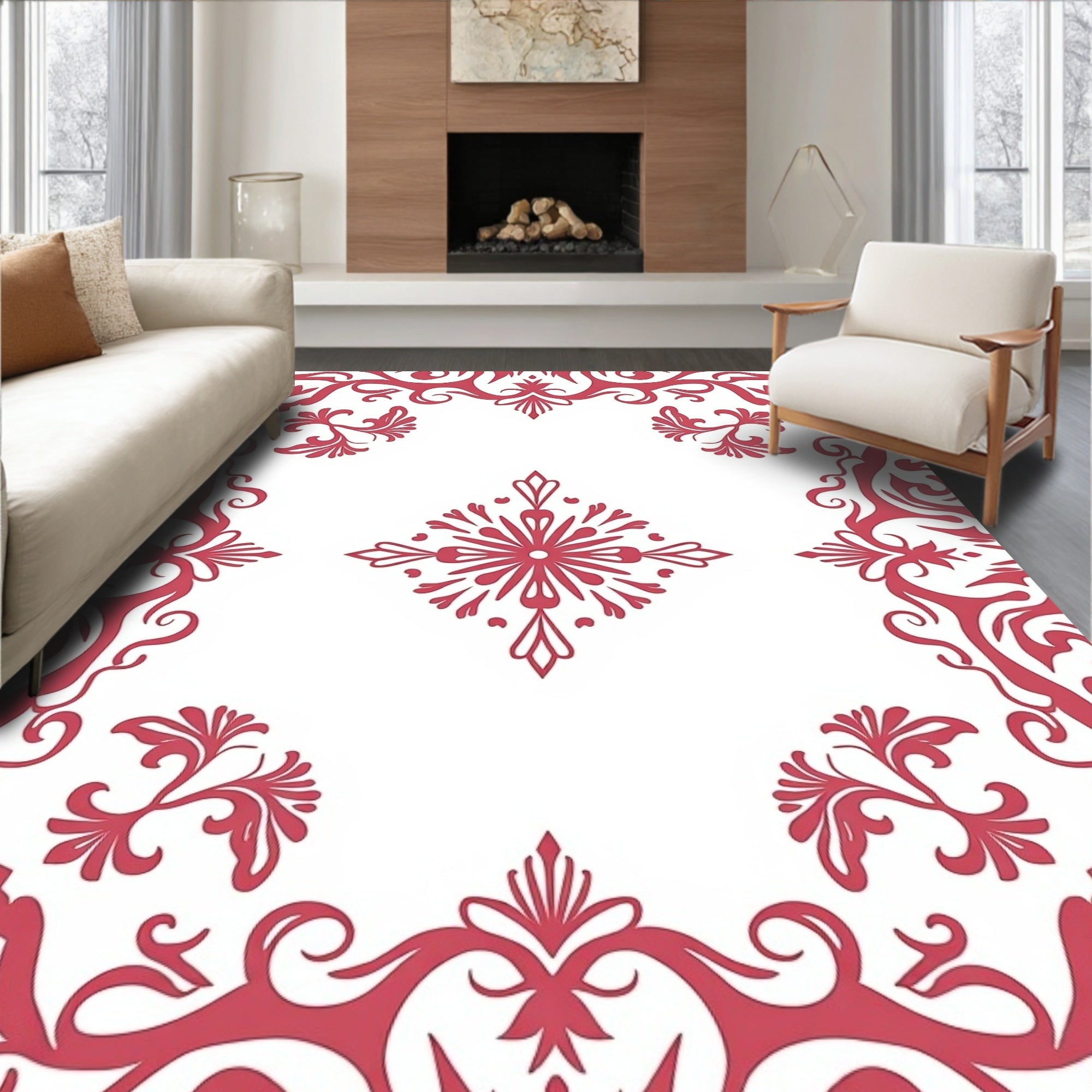 Classic Red Floral Damask Pattern Rug