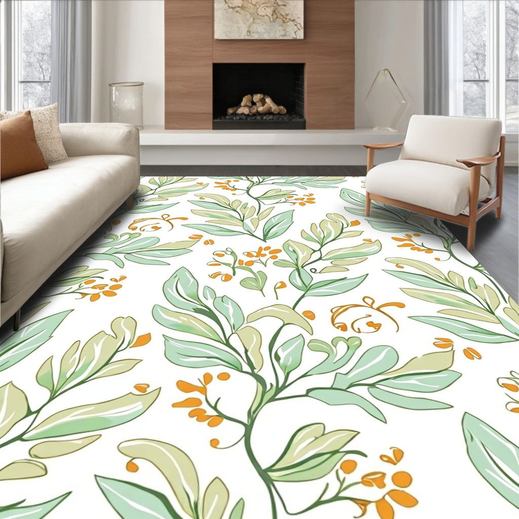 Whimsical Botanical Vine Green Orange Pattern Rug
