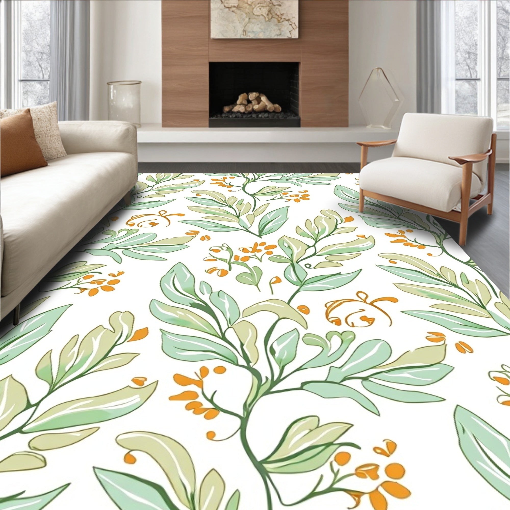 Whimsical Botanical Vine Green Orange Pattern Rug