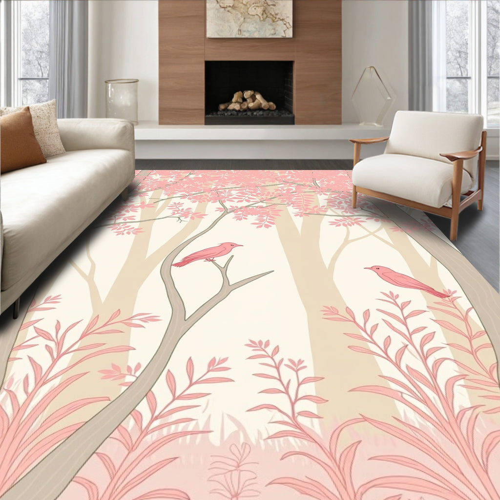 Pink Forest Birds Pattern Design Rug