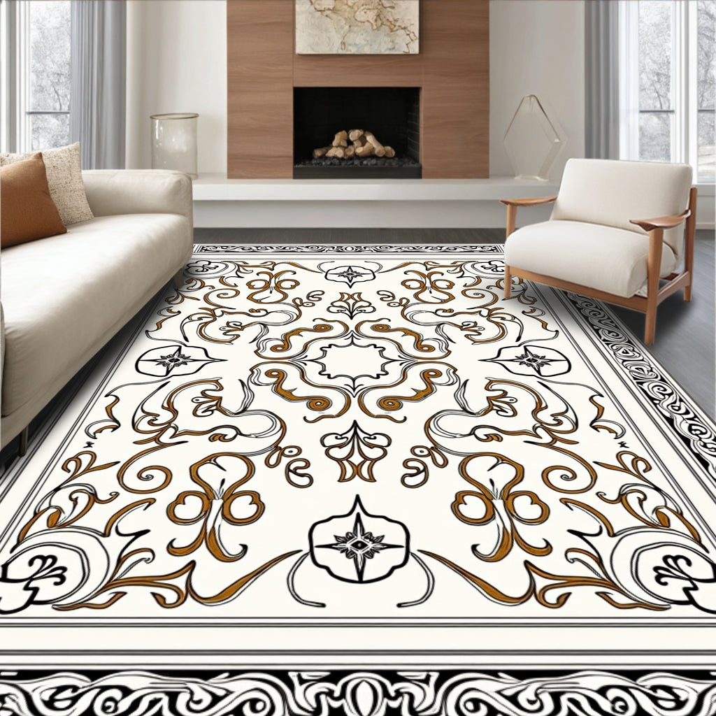 Elegant Brown and Black Floral Swirl Rug