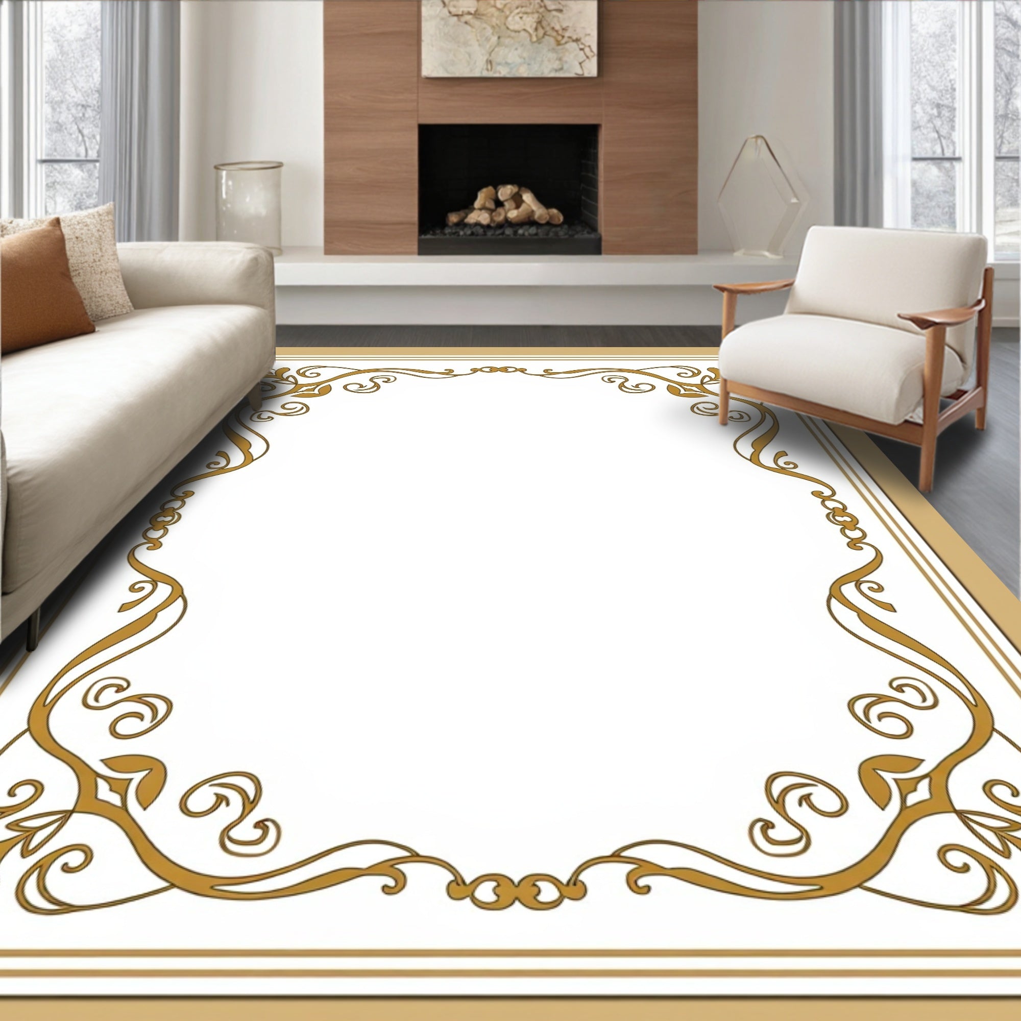 Gold Swirl Floral Border Design Rug