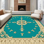 Teal Gold Medallion Floral Border Design Rug