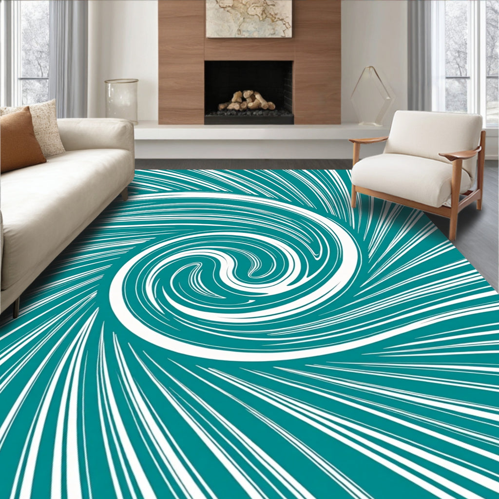 Teal And White Swirl Pattern Rug