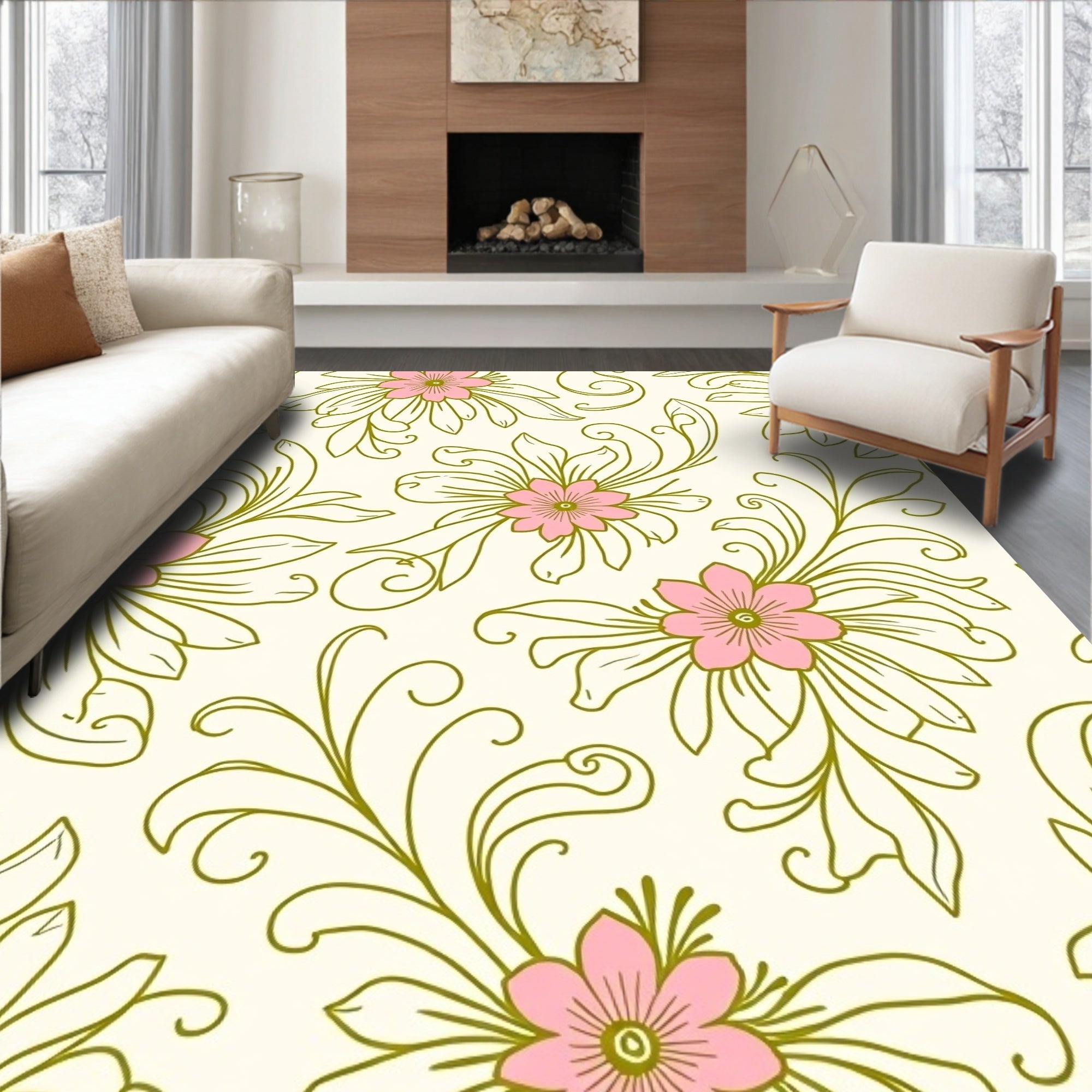 Pink Floral Swirls Pattern Rug