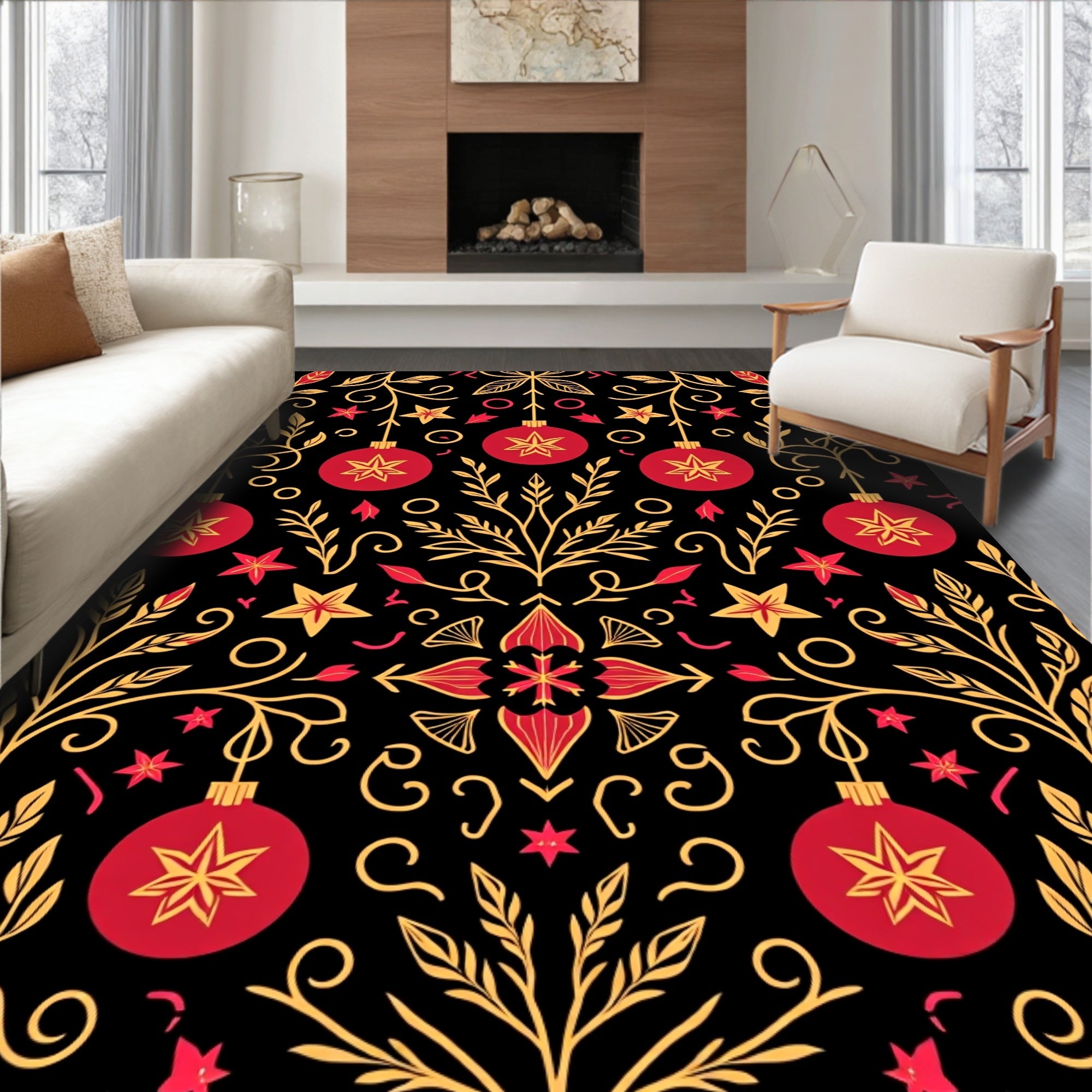 Red and Gold Ornament Floral Vines Rug