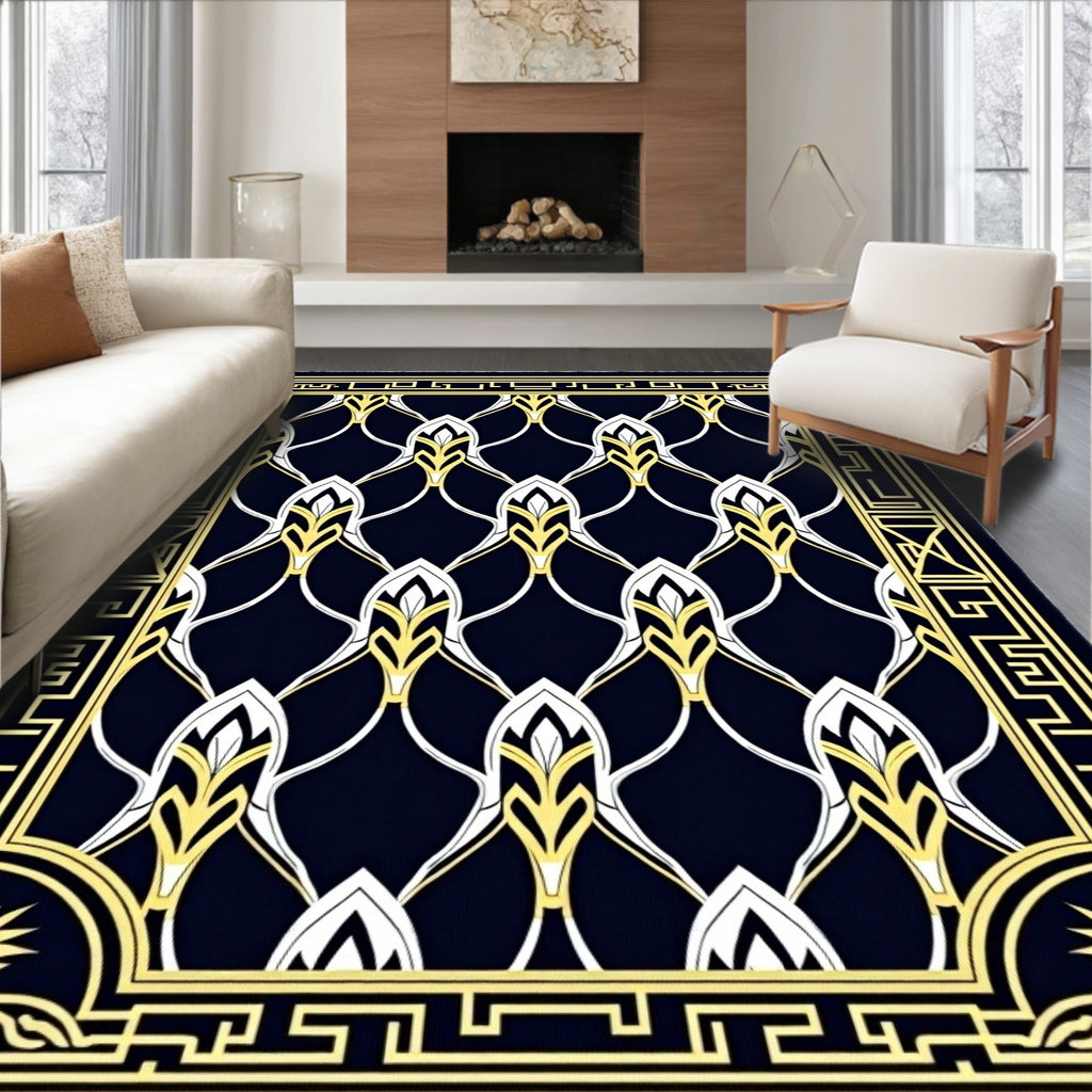Elegant Navy White Yellow Patterned Rug