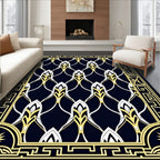 Elegant Navy White Yellow Patterned Rug