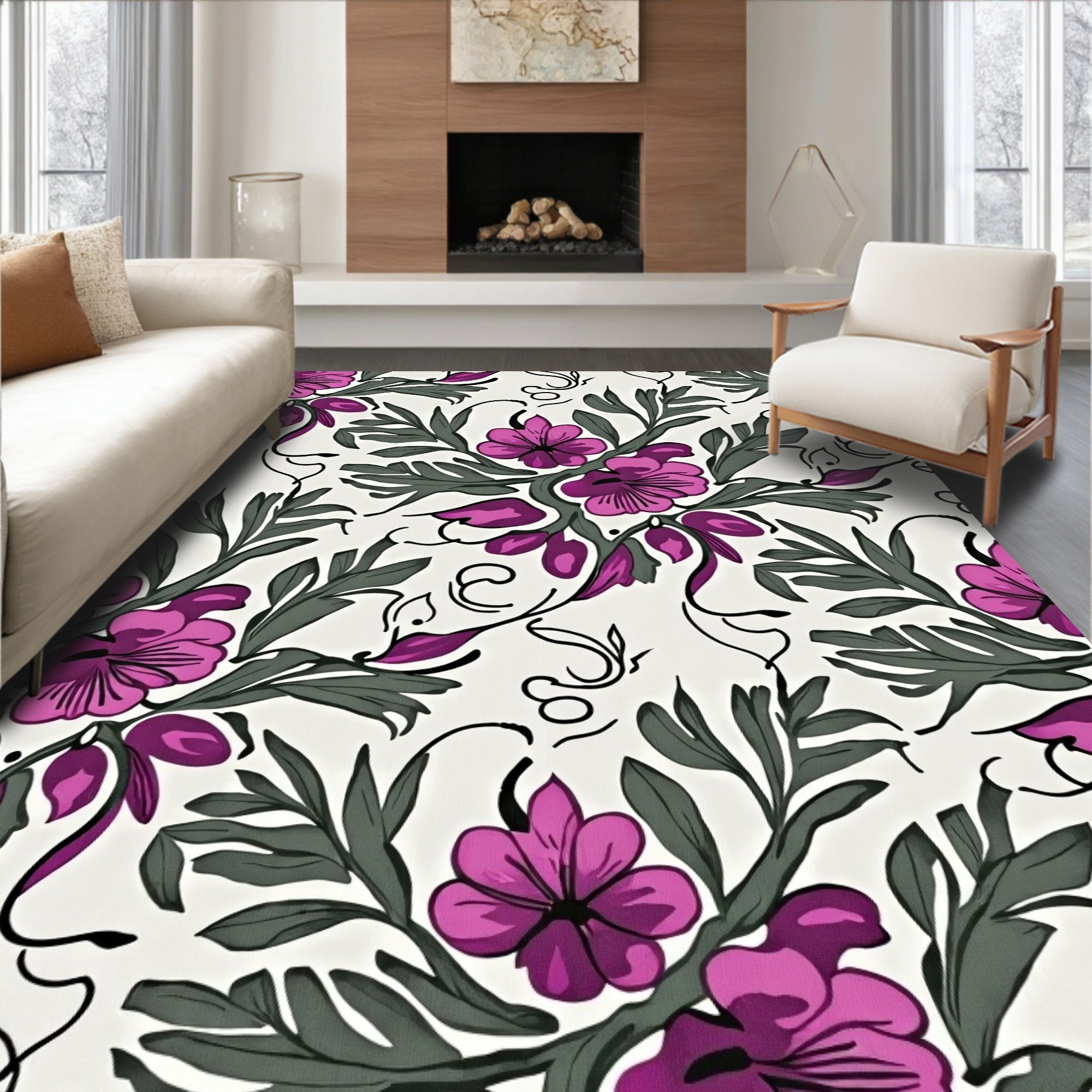 Floral Vine Pattern With Magenta Blossoms Rug