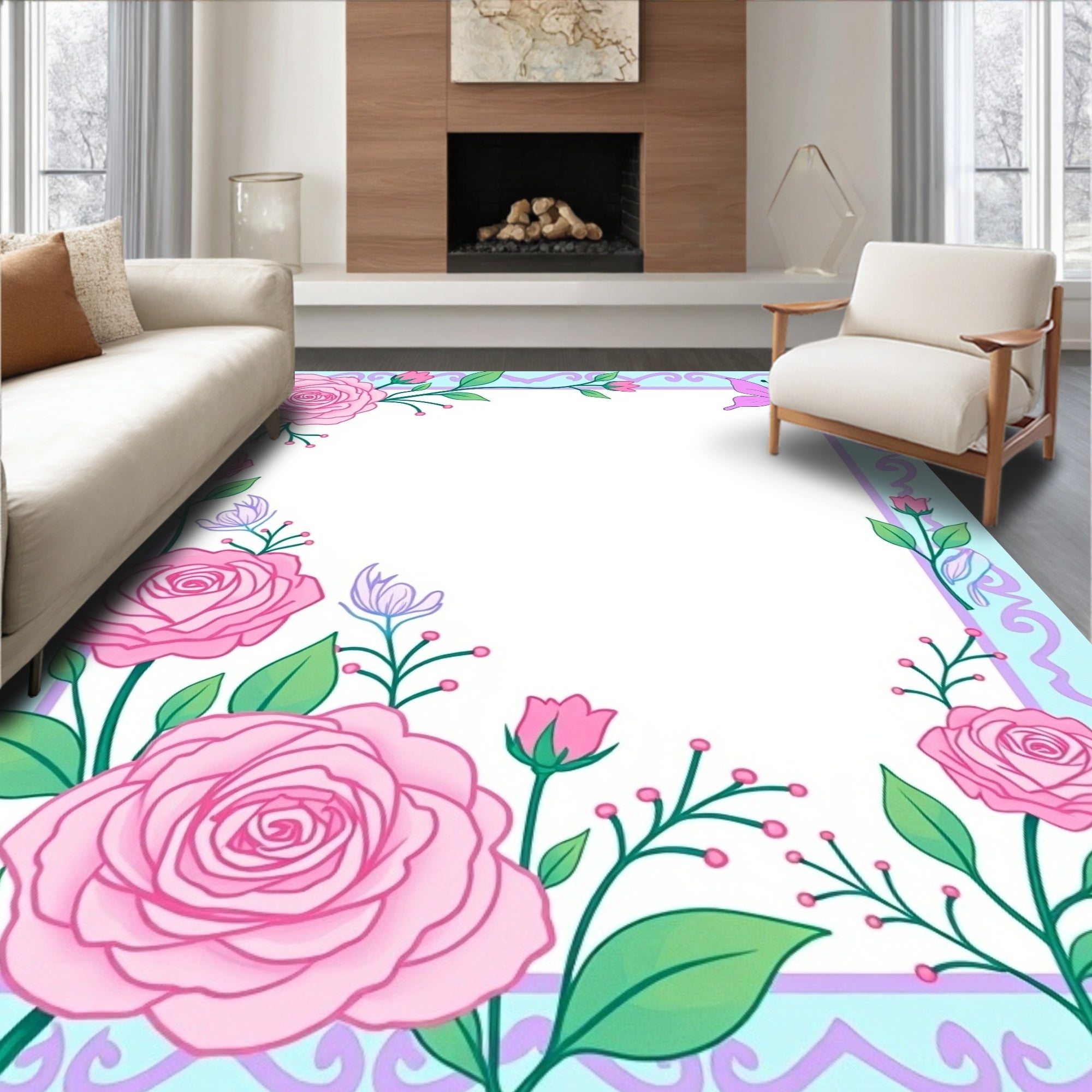 Pink Roses Butterfly Floral Border Rug
