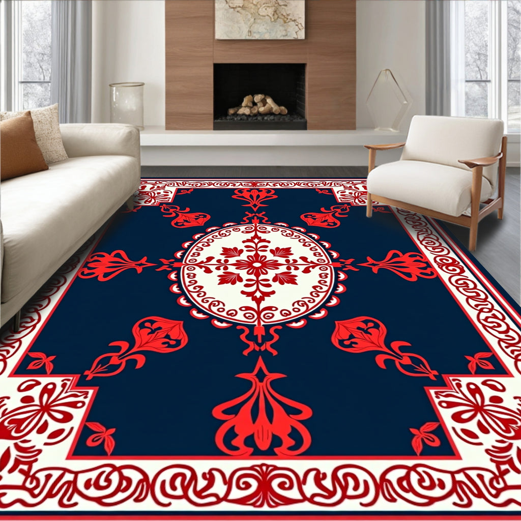 Ornate Red Floral Symmetrical Design Rug