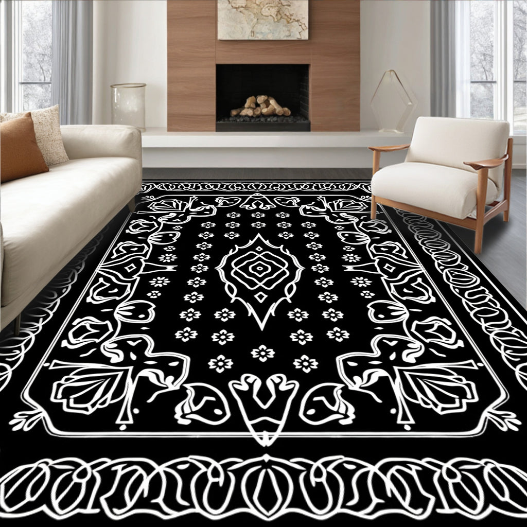 Black White Floral Scrollwork Pattern Rug