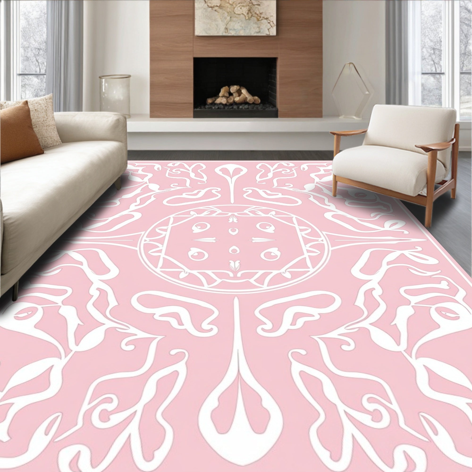 Ornate Floral Scrollwork Pink Rug