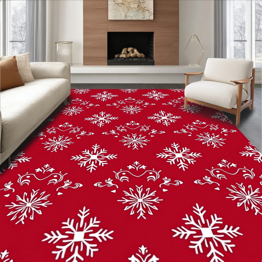 Red Snowflake Scrollwork Pattern Design Rug