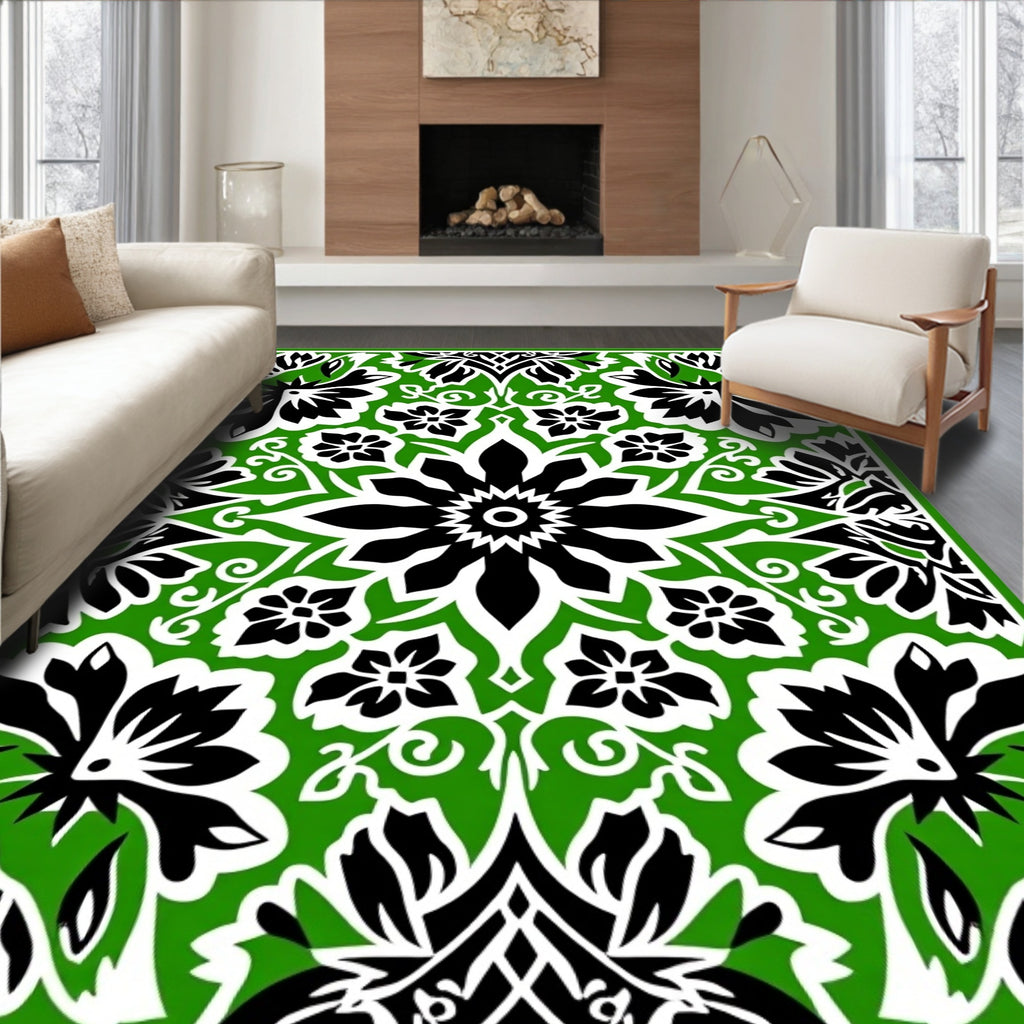 Green Black Floral Medallion Pattern Rug