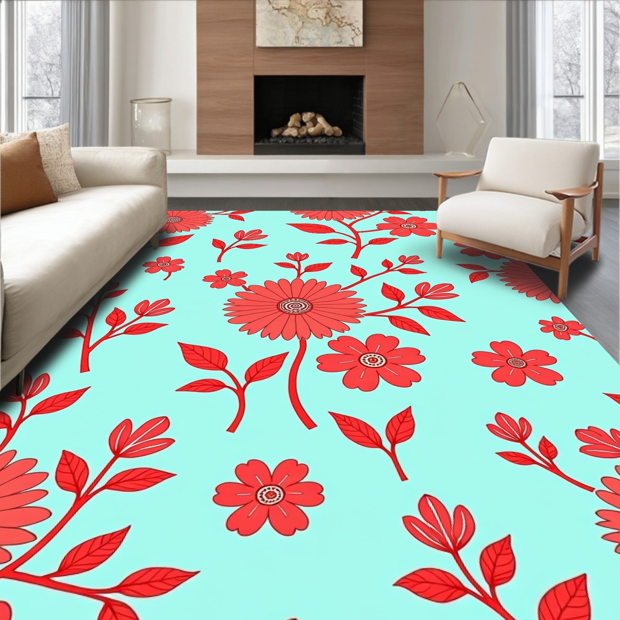 Bright Floral Pattern Red on Aqua Rug