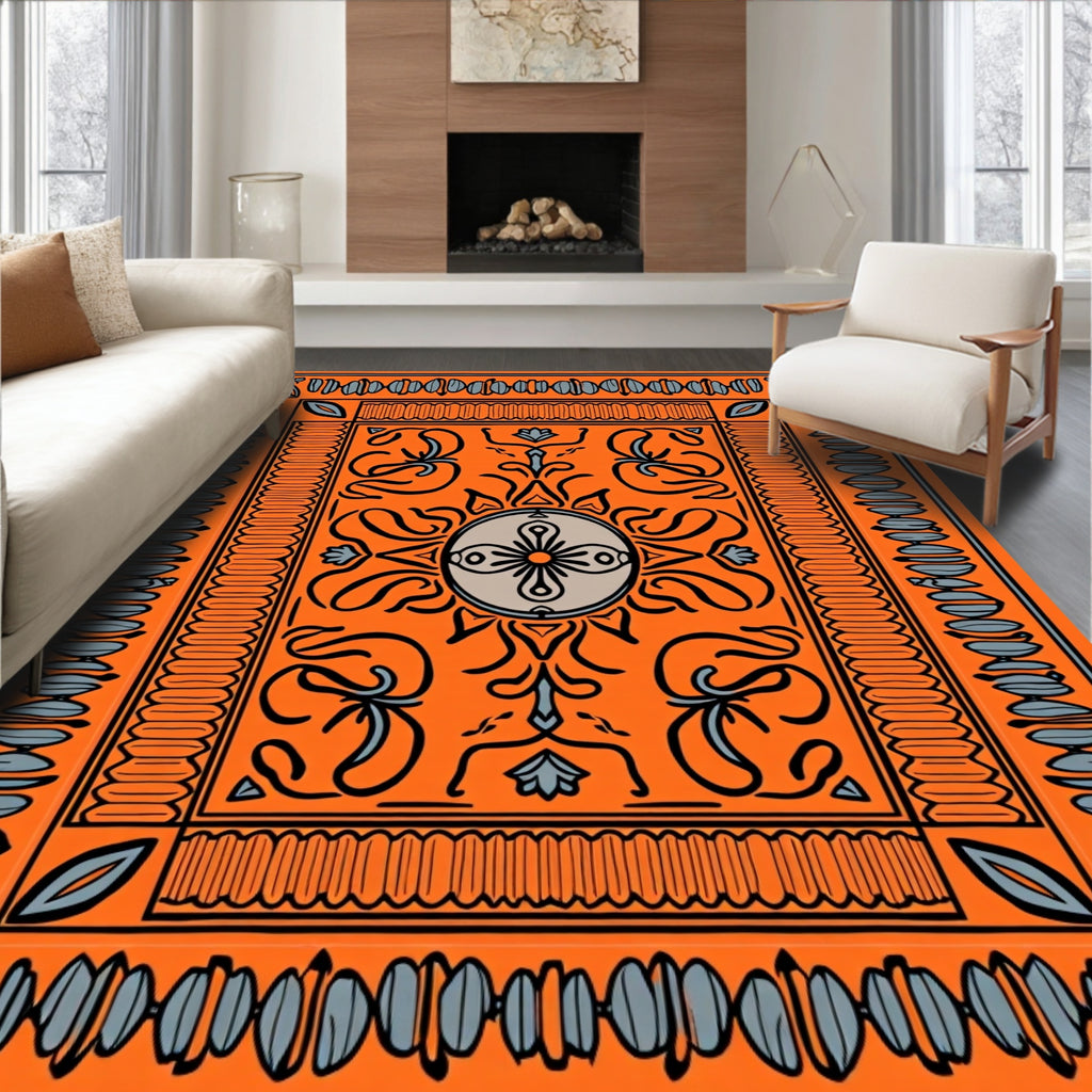 Orange Abstract Floral Border Design Rug