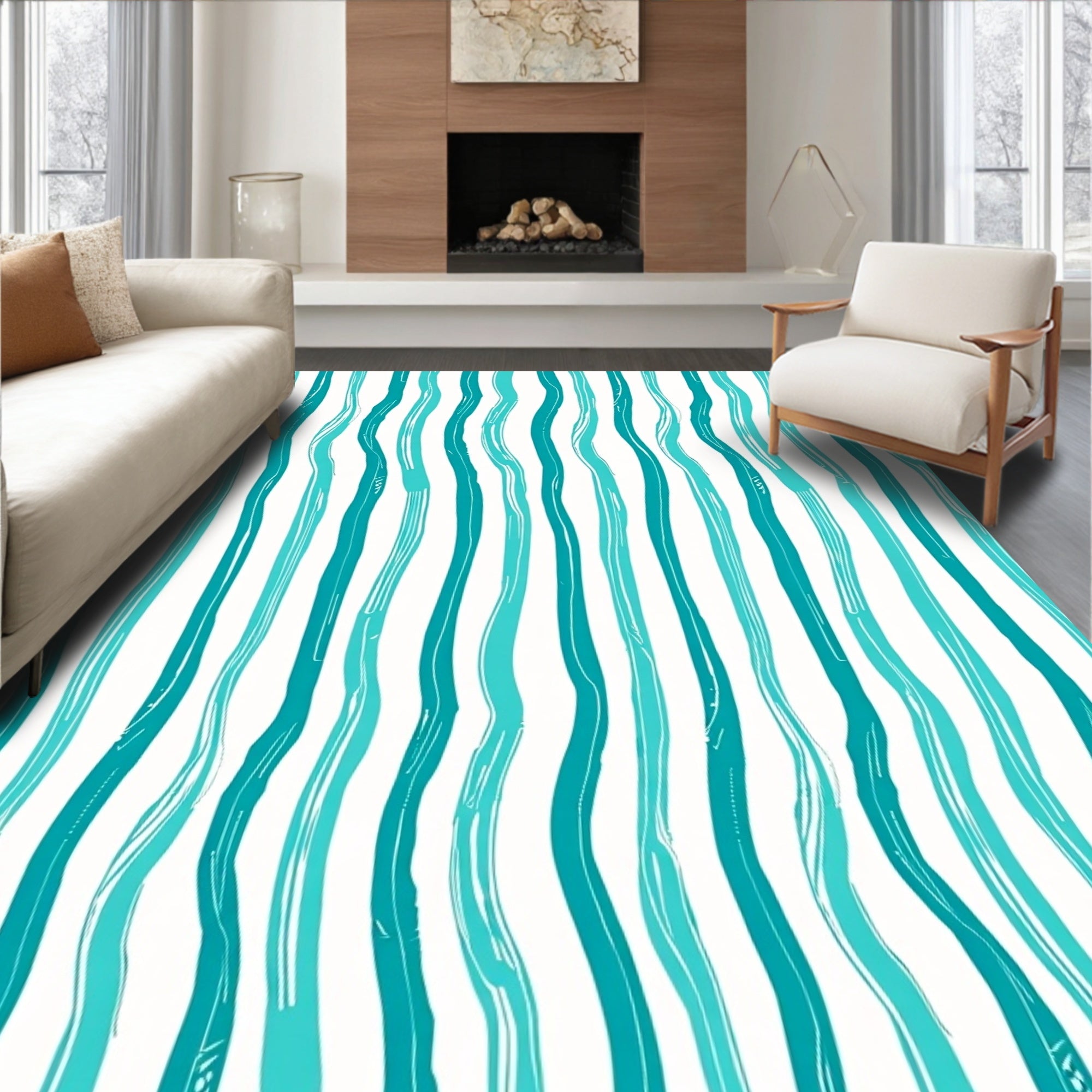 Blue Teal Vertical Wavy Strokes Rug