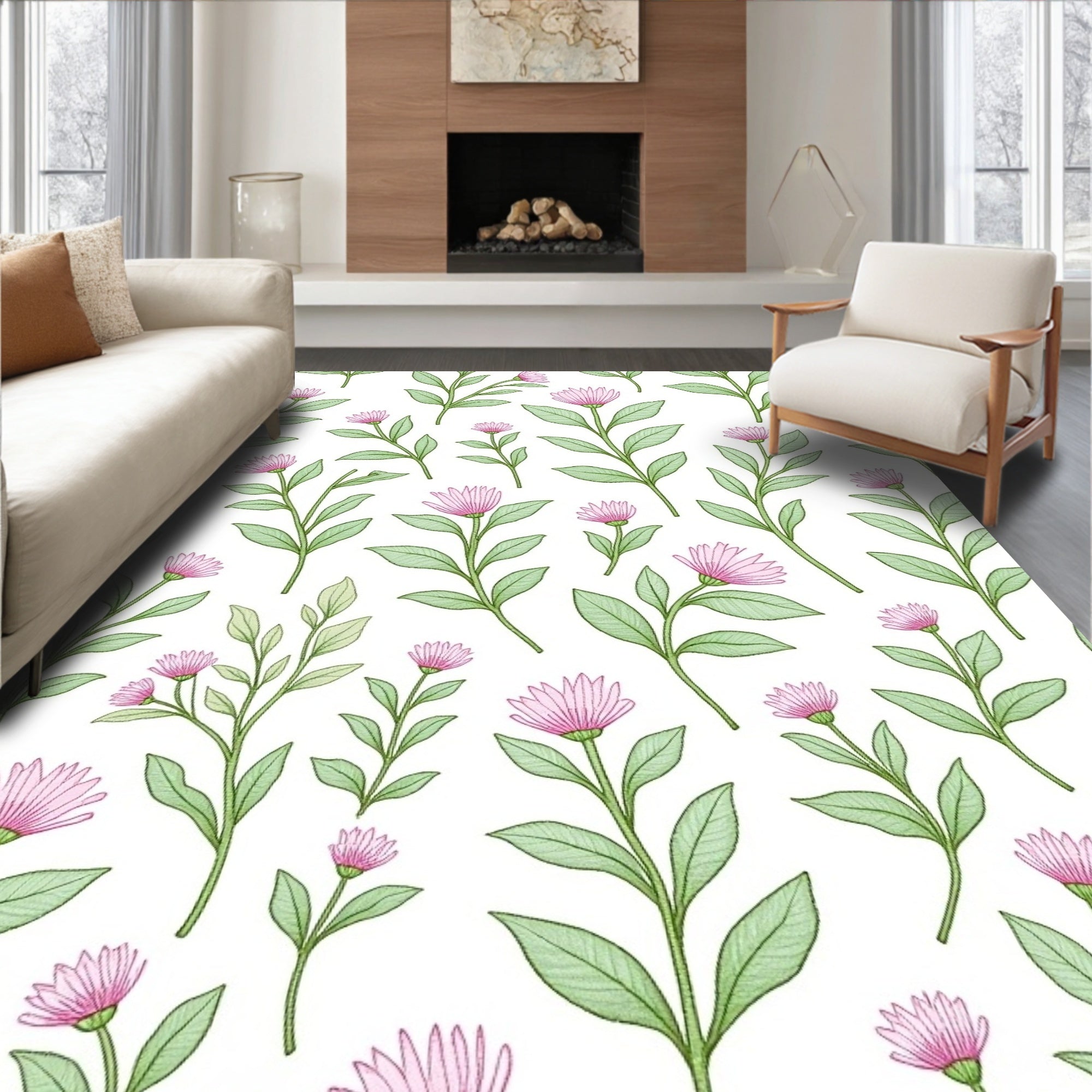 Pink Bloom Botanical Pattern Rug