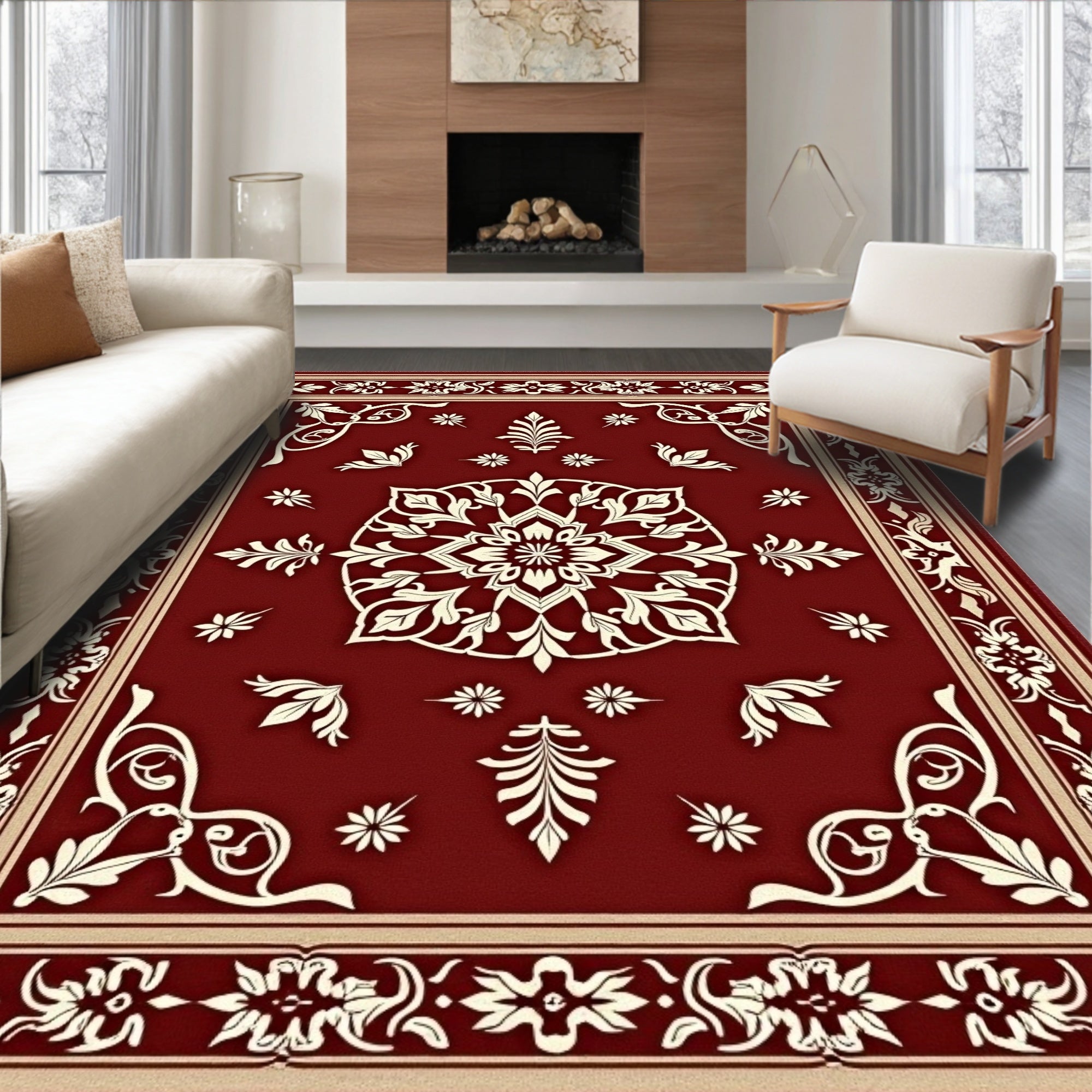 Deep Red Floral Medallion Design Rug