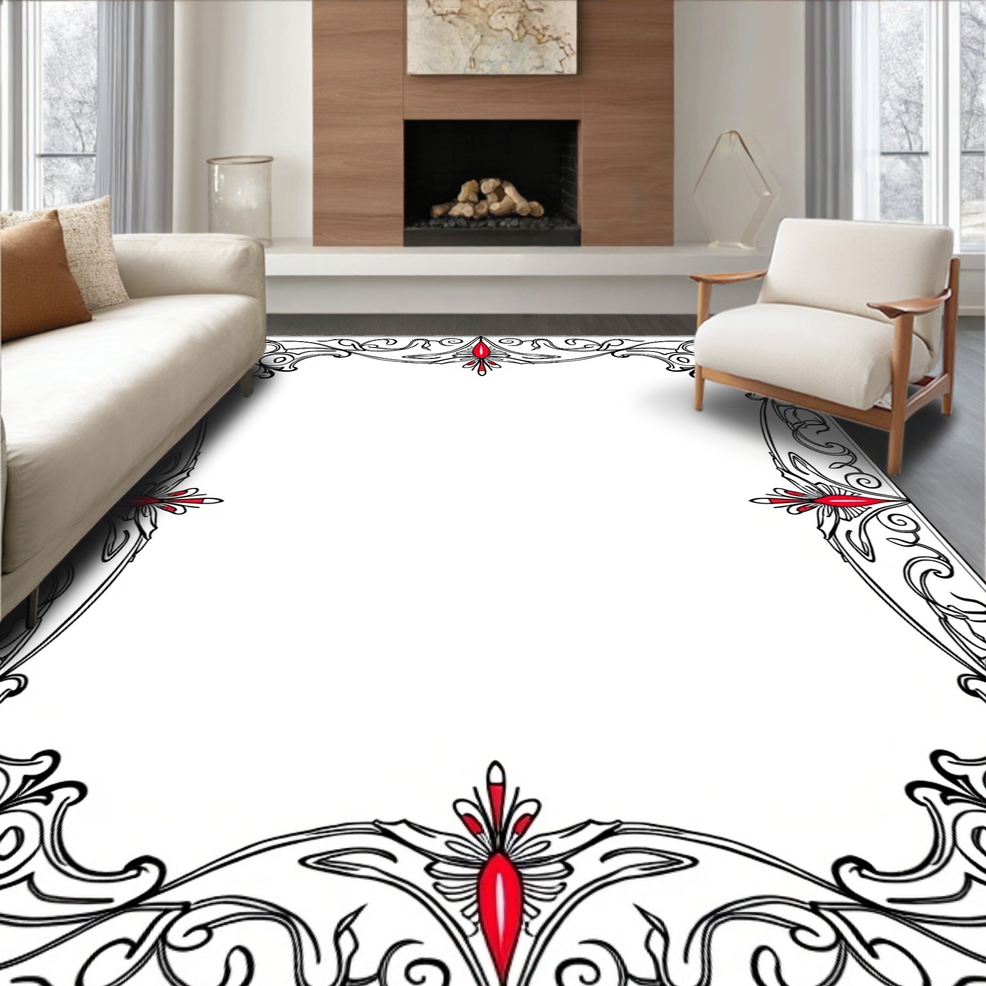 Art Nouveau Black Red Floral Scroll Rug