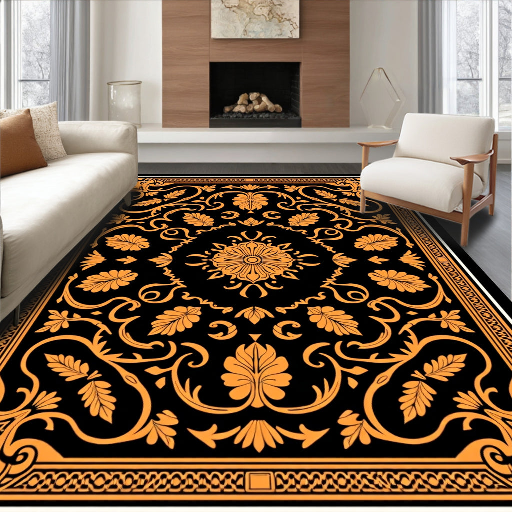 Ornate Black Orange Floral Scroll Rug