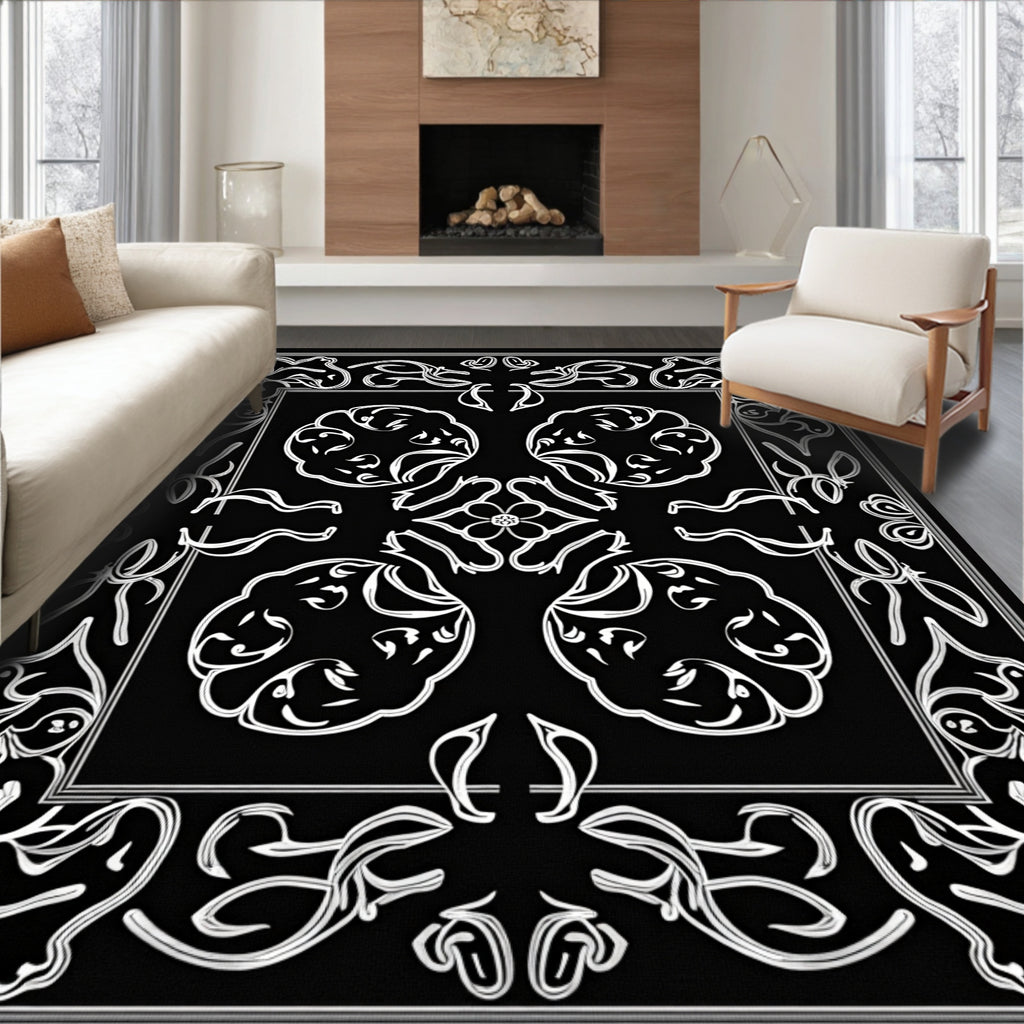 Classic Black White Ornamental Design Rug