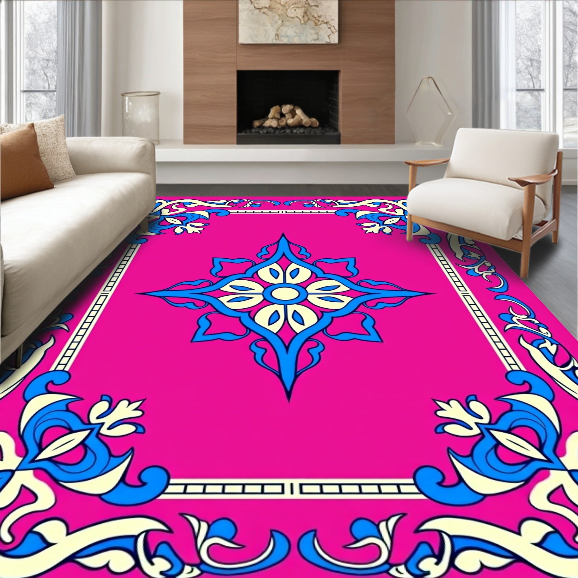 Vibrant Floral Medallion Border Design Rug