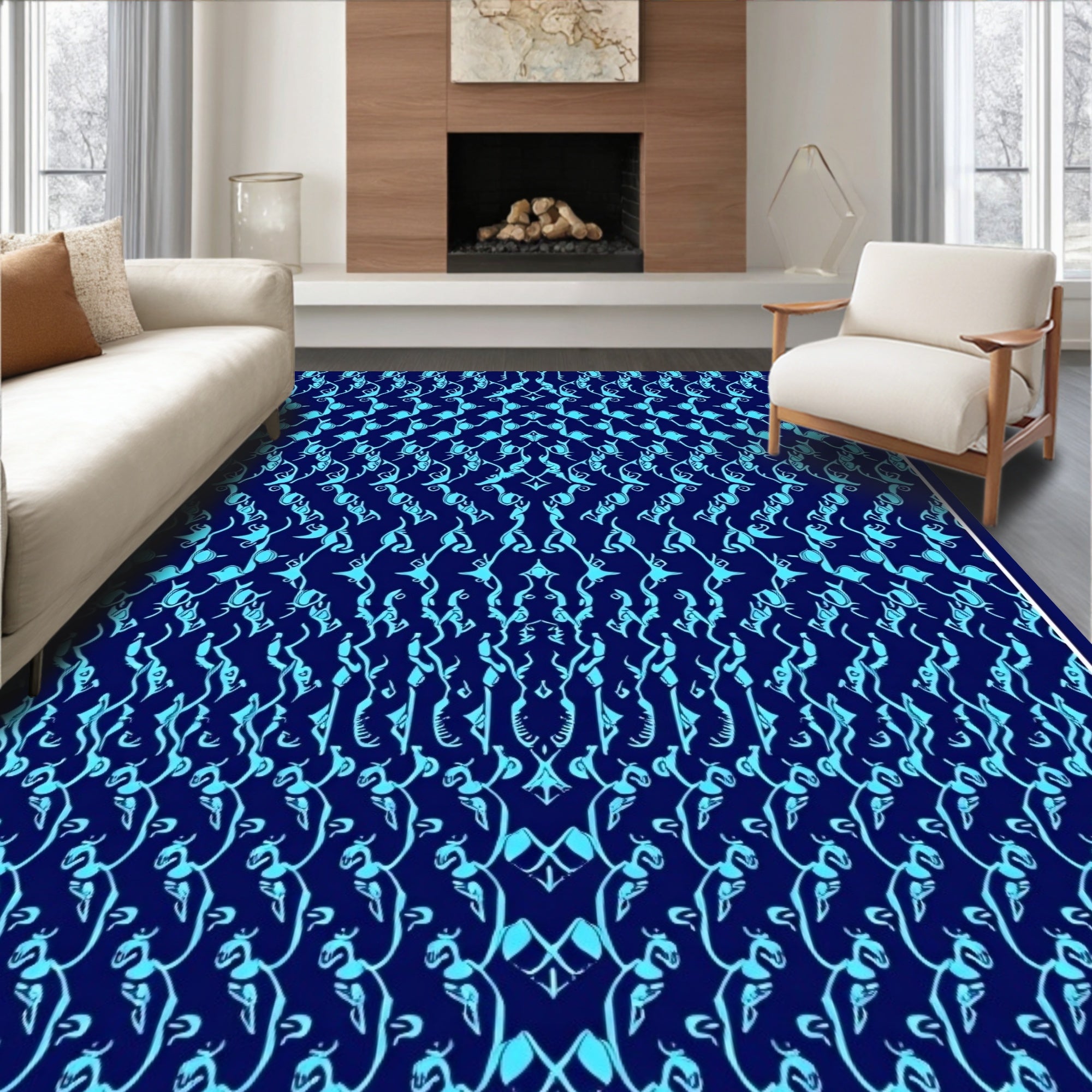 Royal Blue Teal Floral Pattern Rug