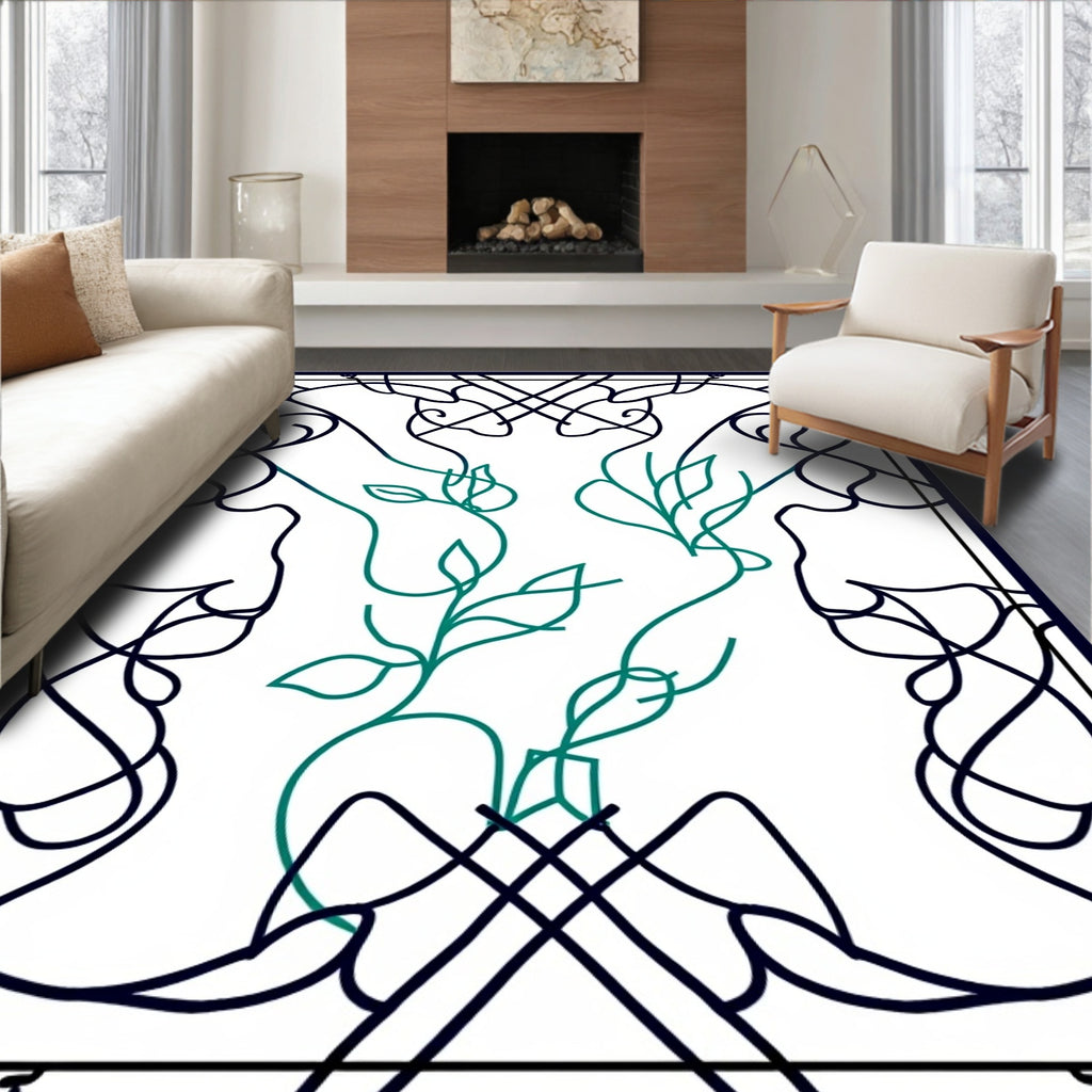 Minimalist Black Green Swirl Vine Design Rug