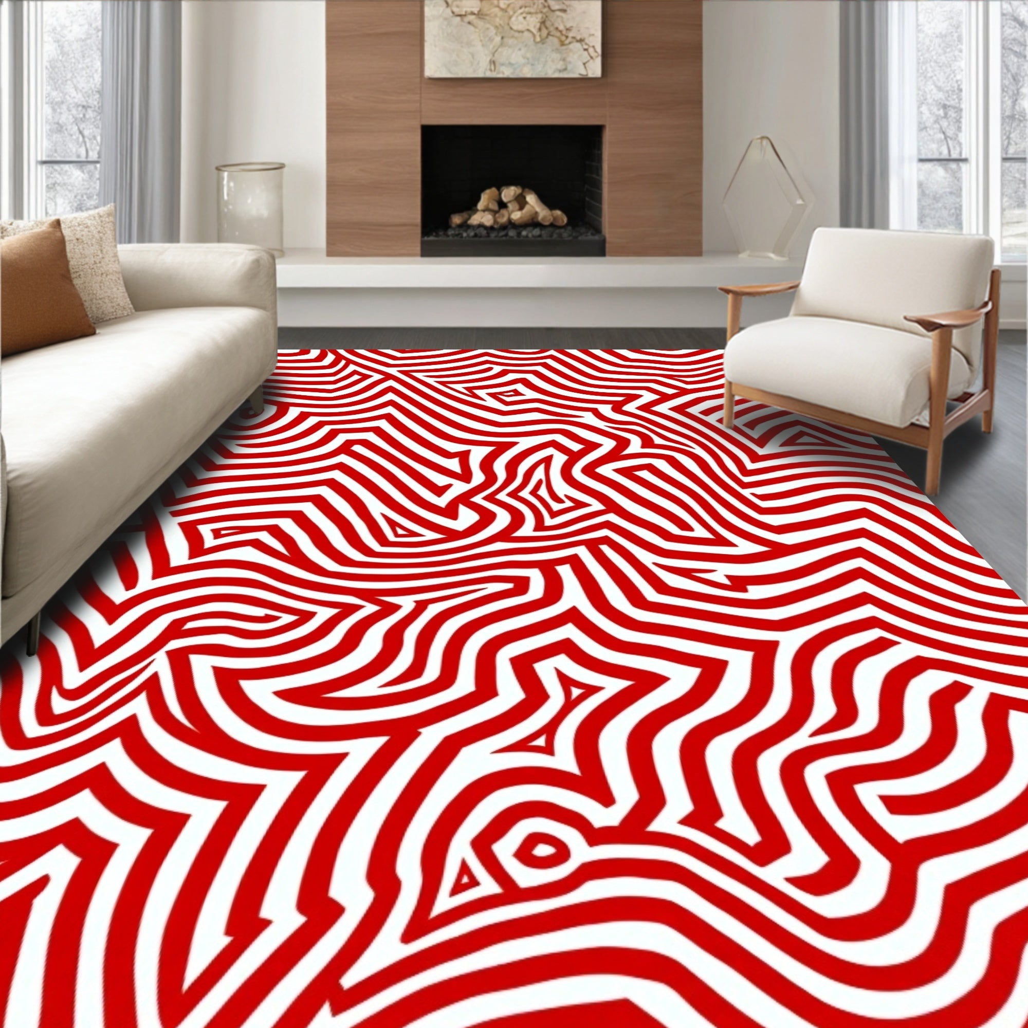 Red Abstract Maze Stripes Rug