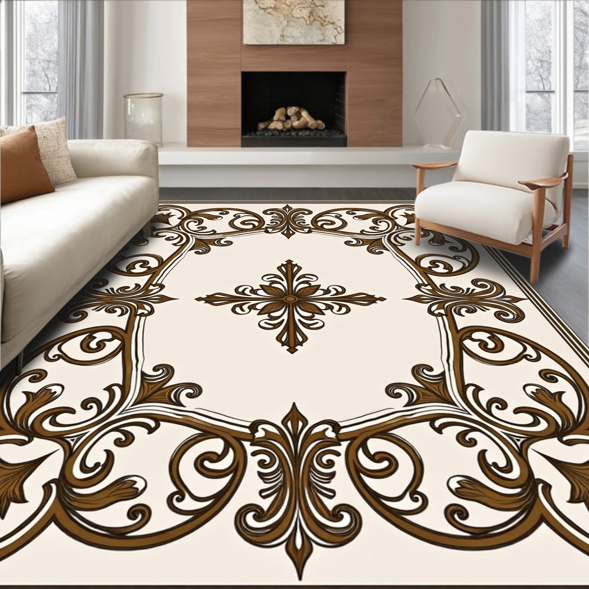 Elegant Brown Scrollwork Floral Pattern Rug
