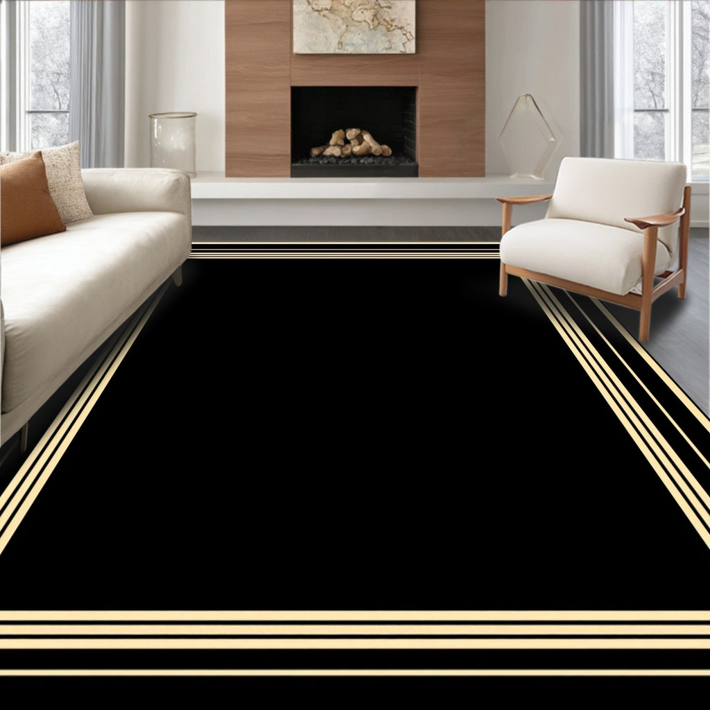 Banded Black Geometric Frame Rug