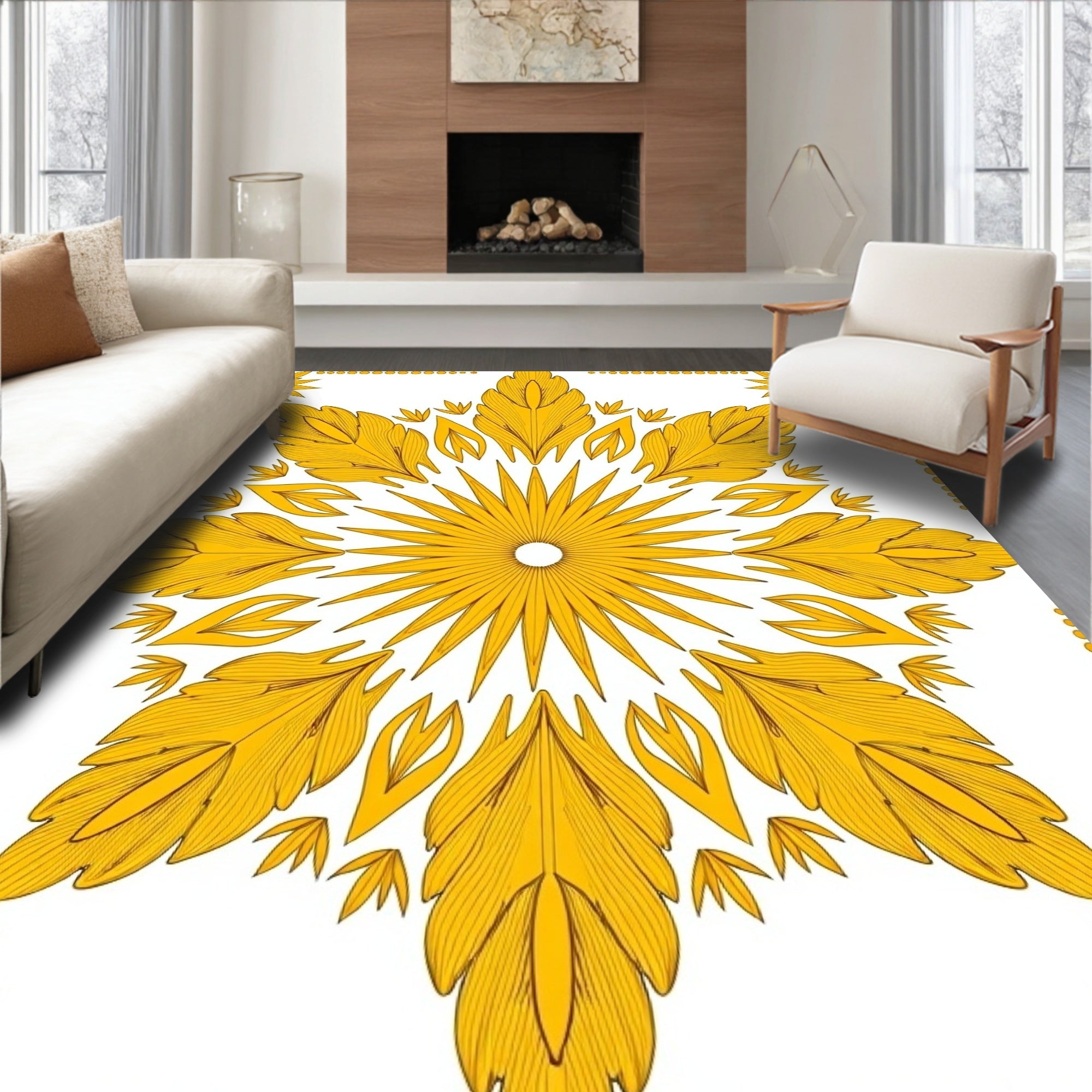 Golden Floral Sunburst Medallion Design Rug