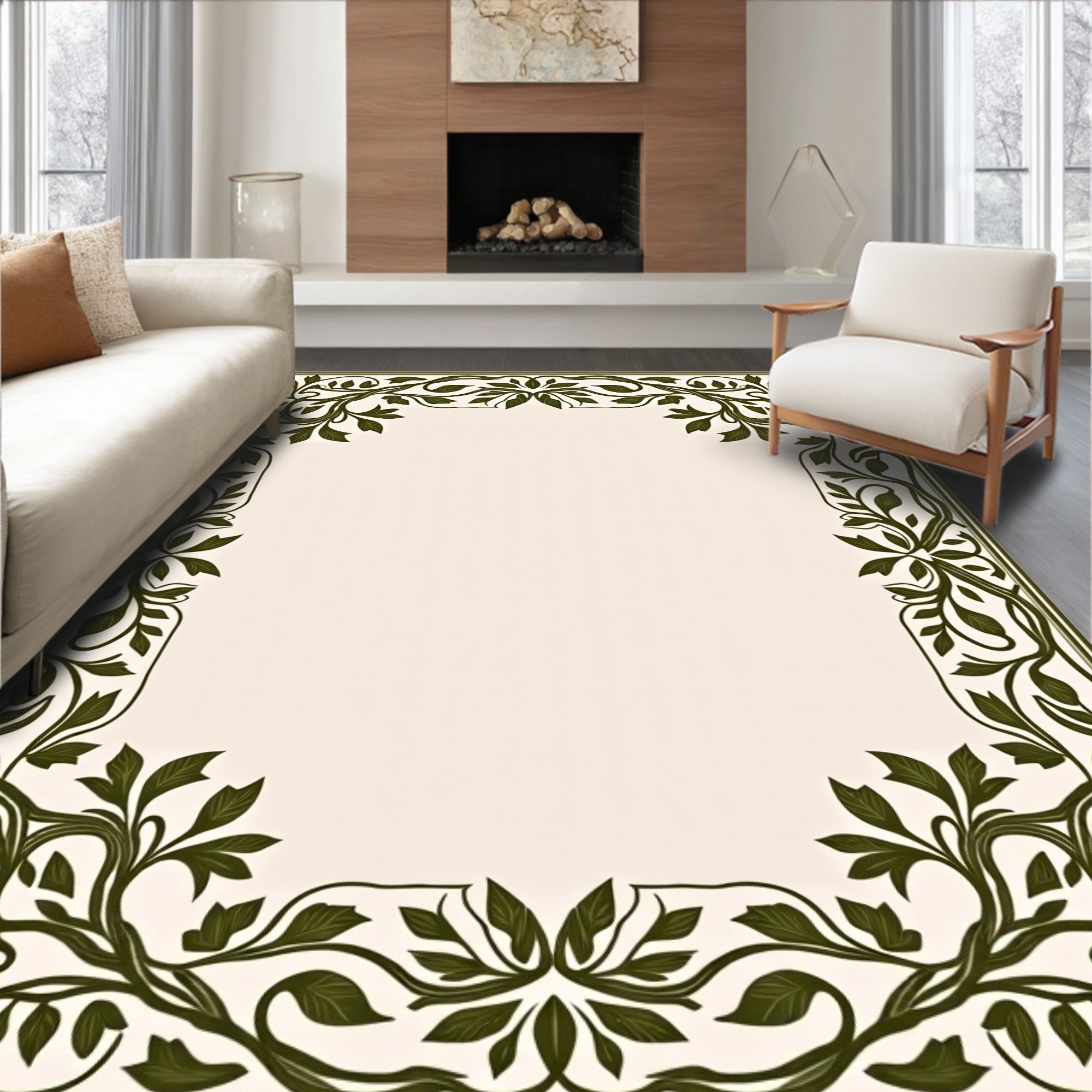 Green Floral Vine Border Design Rug