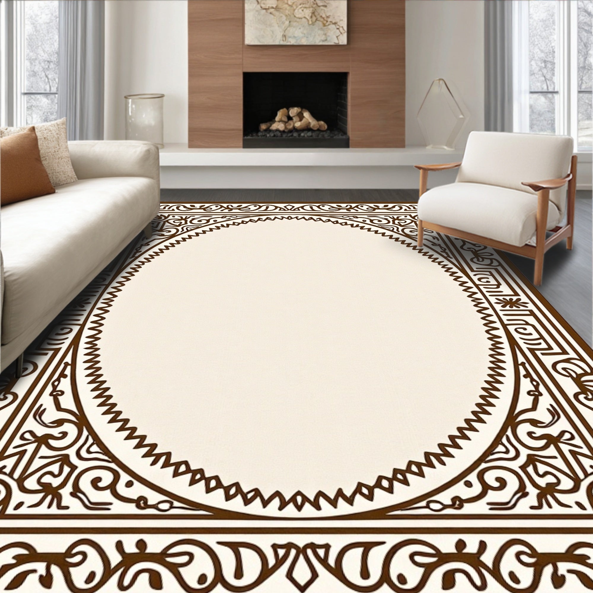 Ornate Oval Scroll Border Design Rug