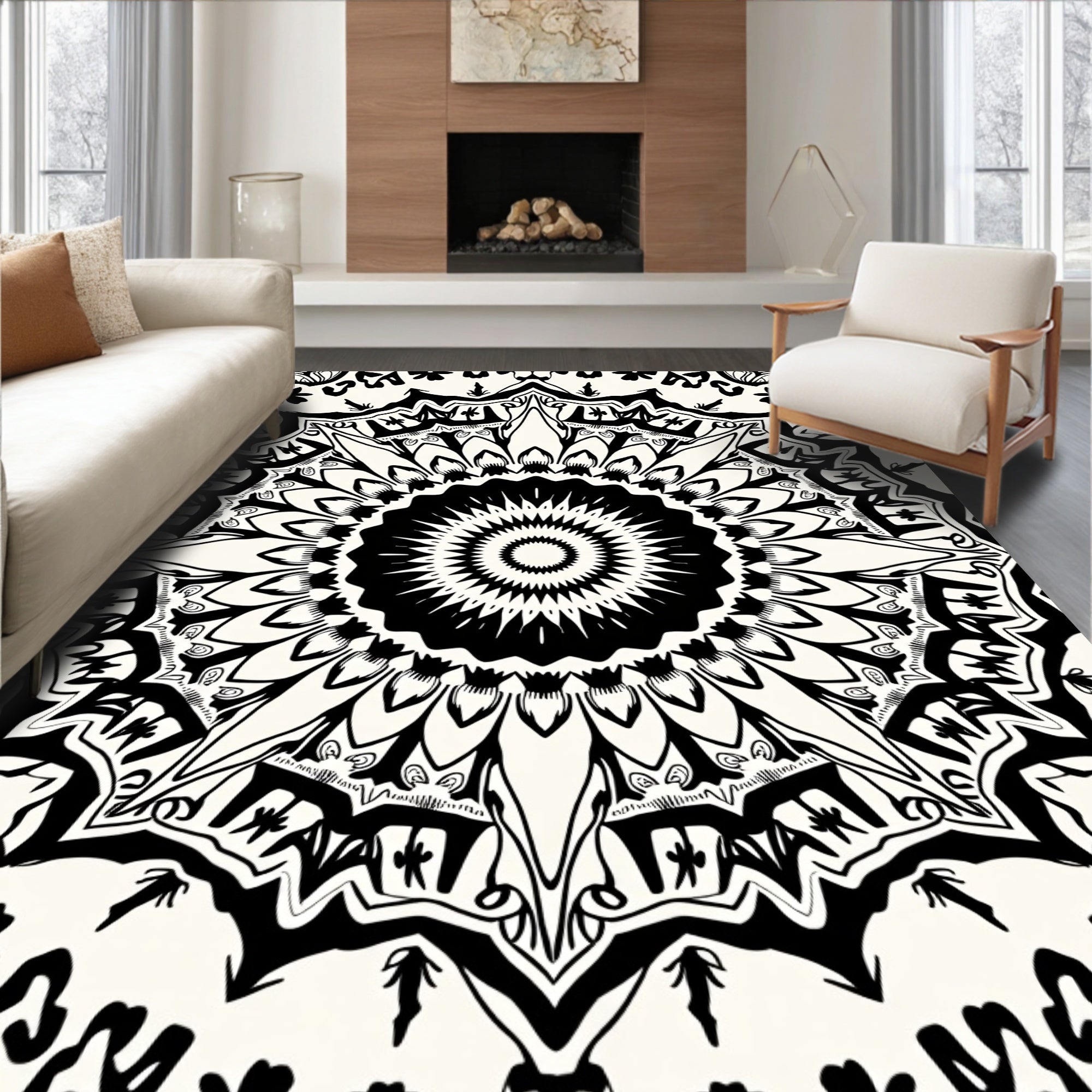 Intricate Black and White Mandala Pattern Rug