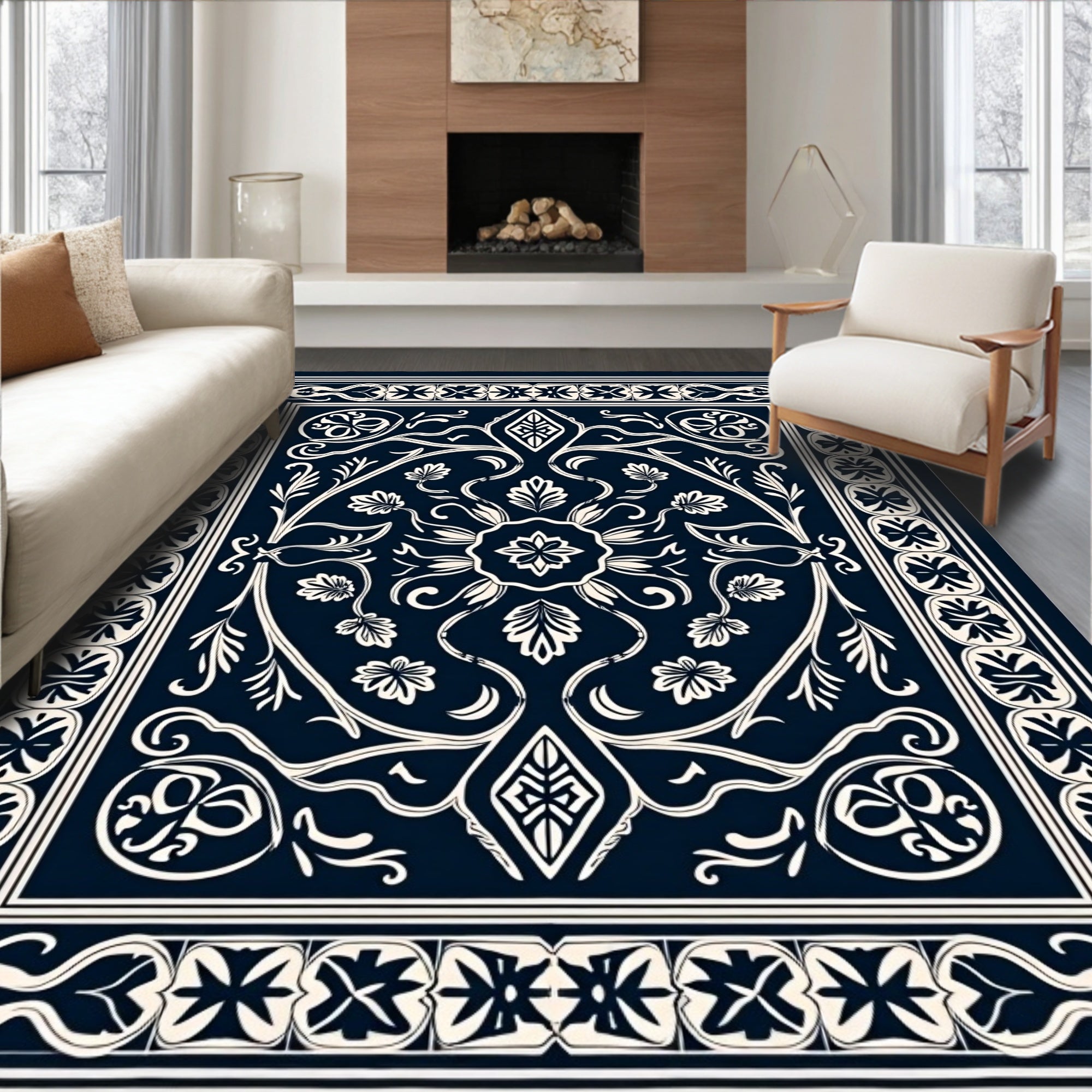 Intricate Floral Scrollwork Navy Blue Rug