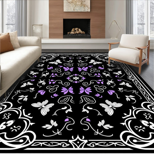Black Whimsical Butterfly Floral Pattern Rug