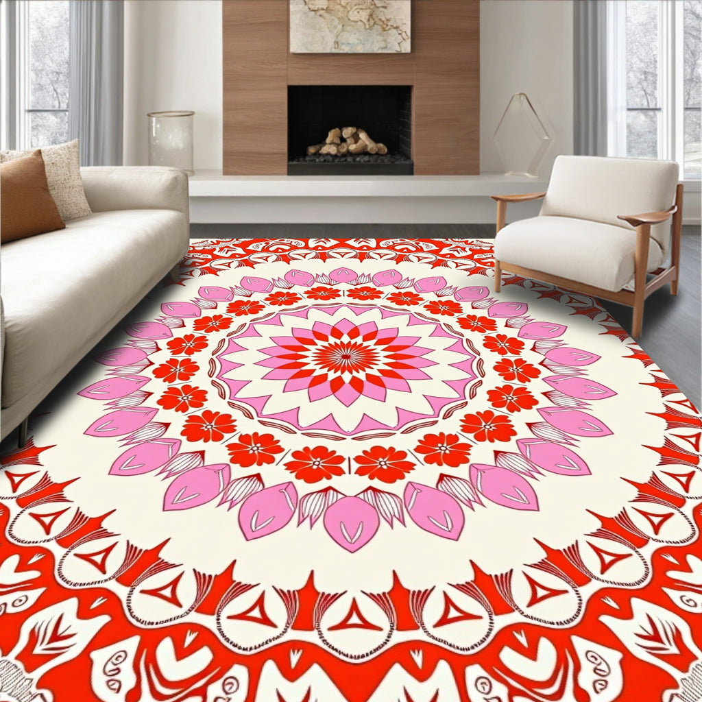Vibrant Red Pink Floral Mandala Design Rug